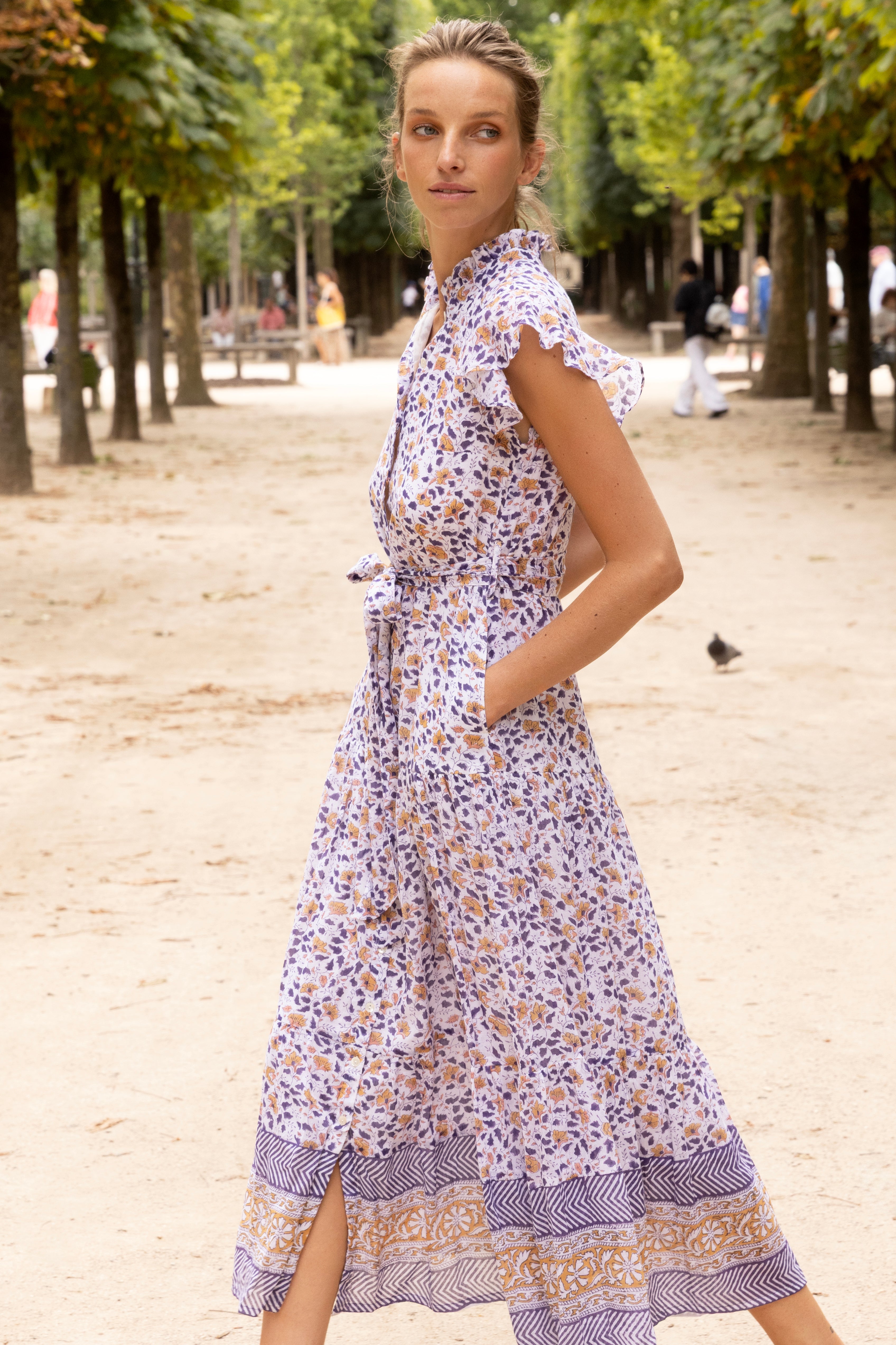 Ruffle Collar Button Maxi- Cotswold Navy