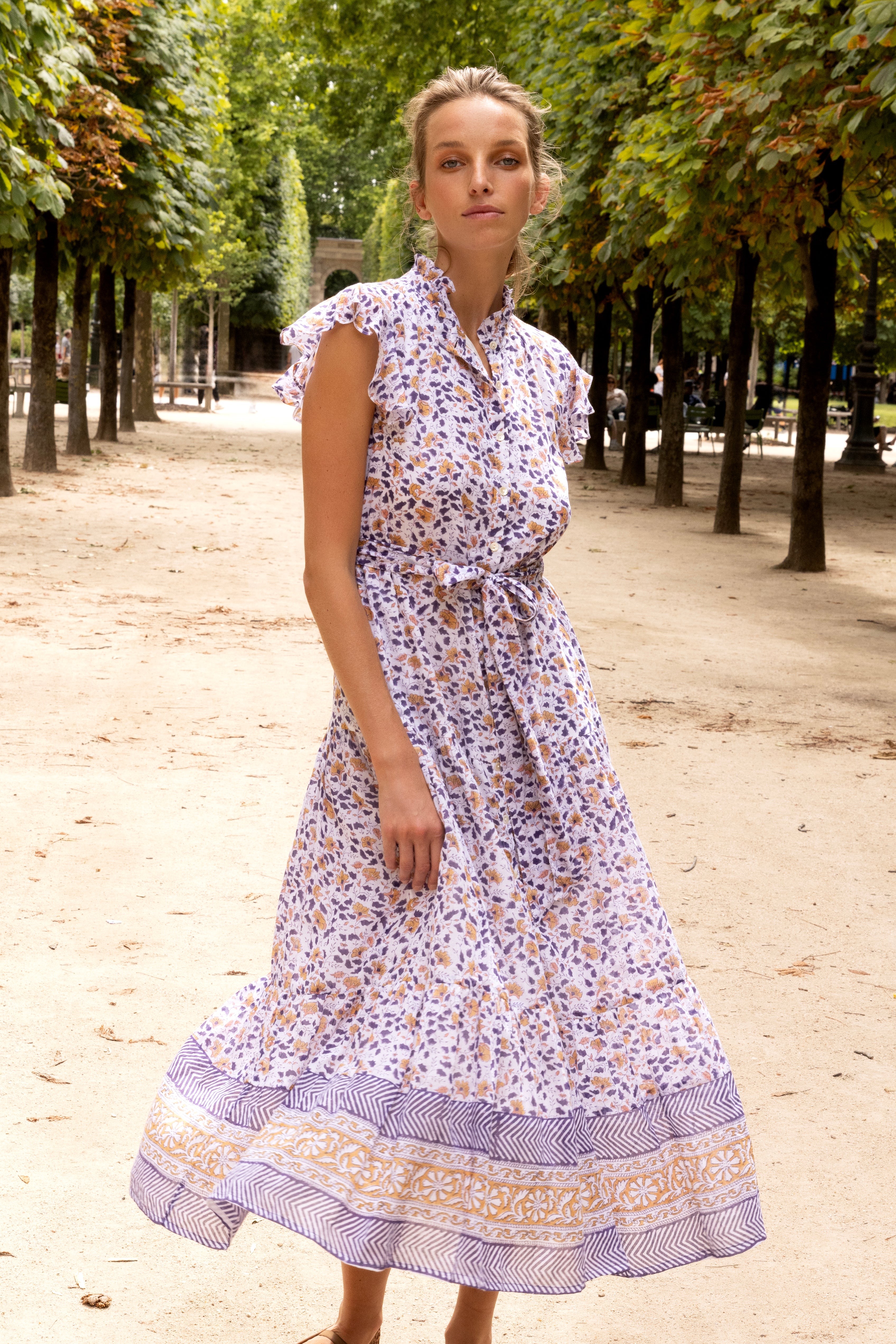 Ruffle Collar Button Maxi- Cotswold Navy
