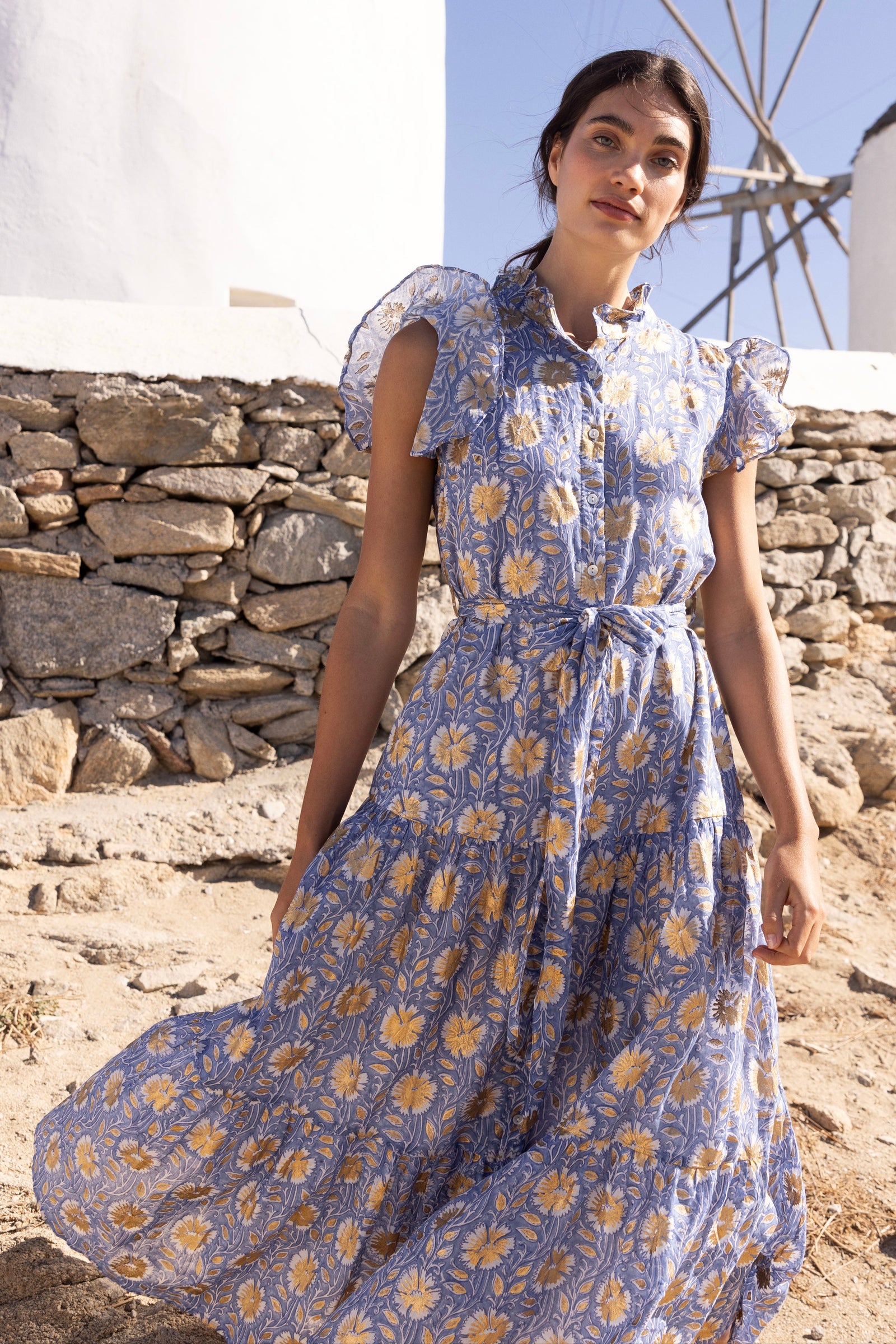Ruffle Collar Button Maxi- Mughal Blue – OLIPHANTDESIGN