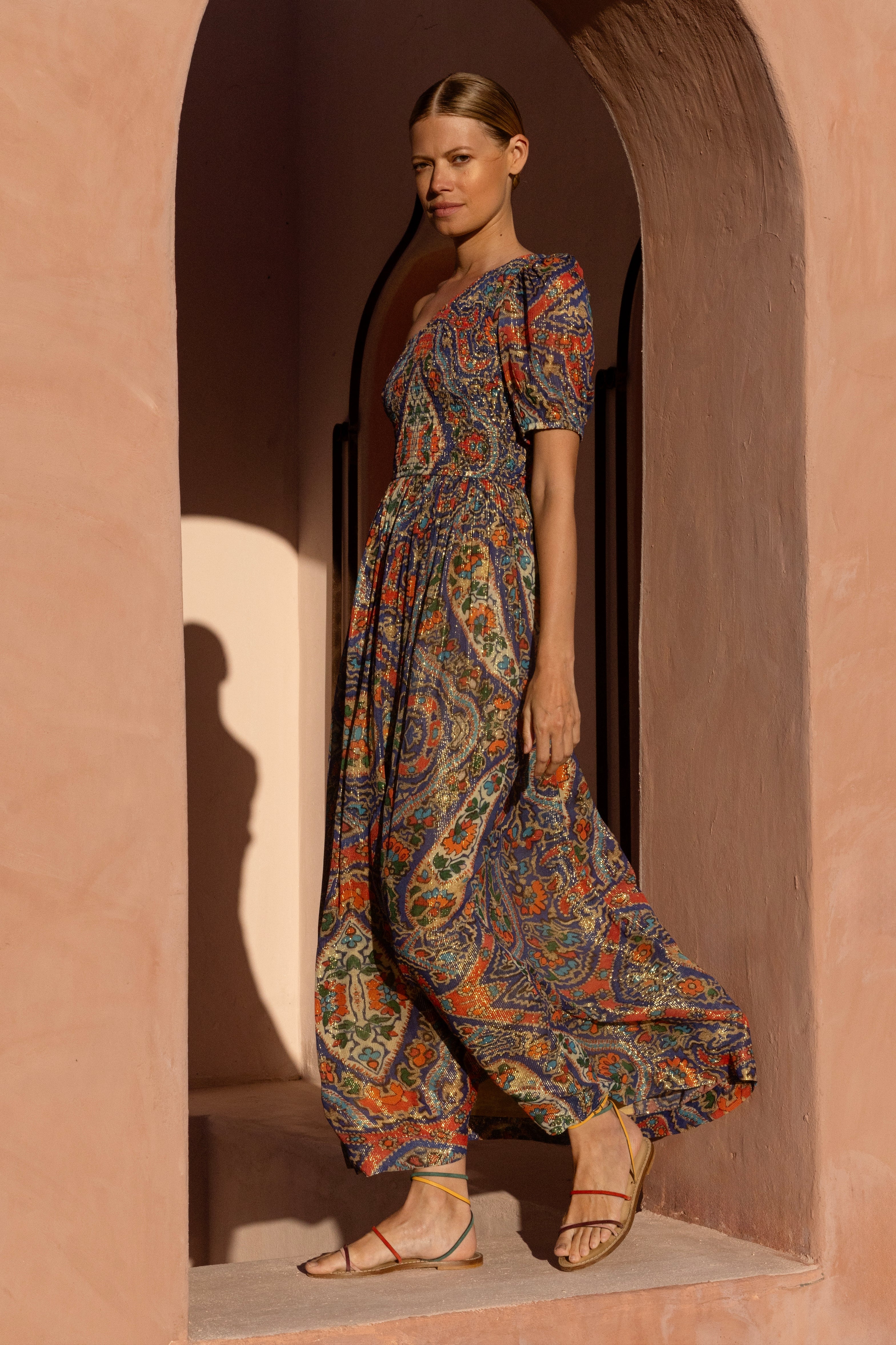 Puff Sleeve One Shoulder Smocked Maxi- Persia Cobalt