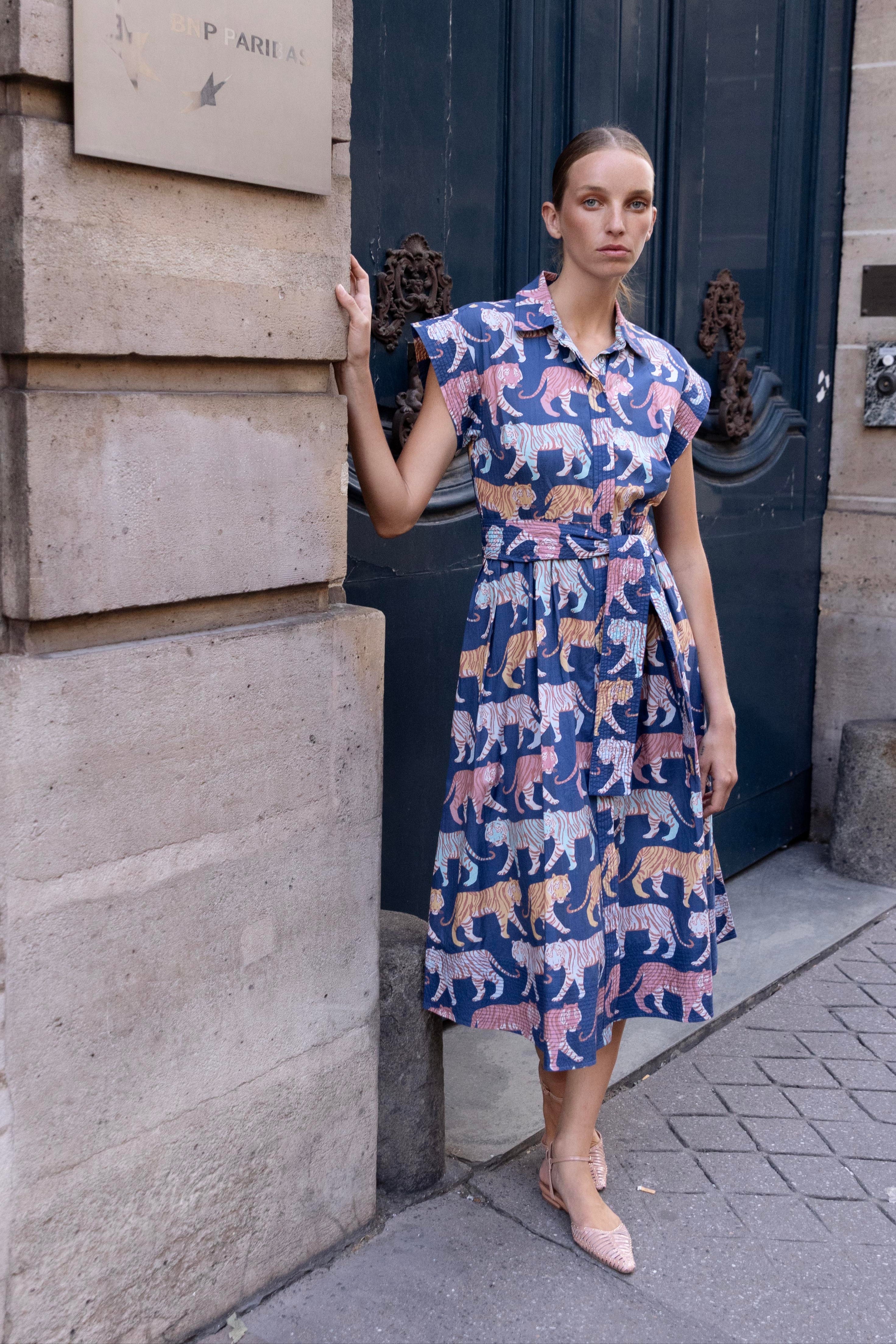 Belted Shirt Dress- Raj Navy