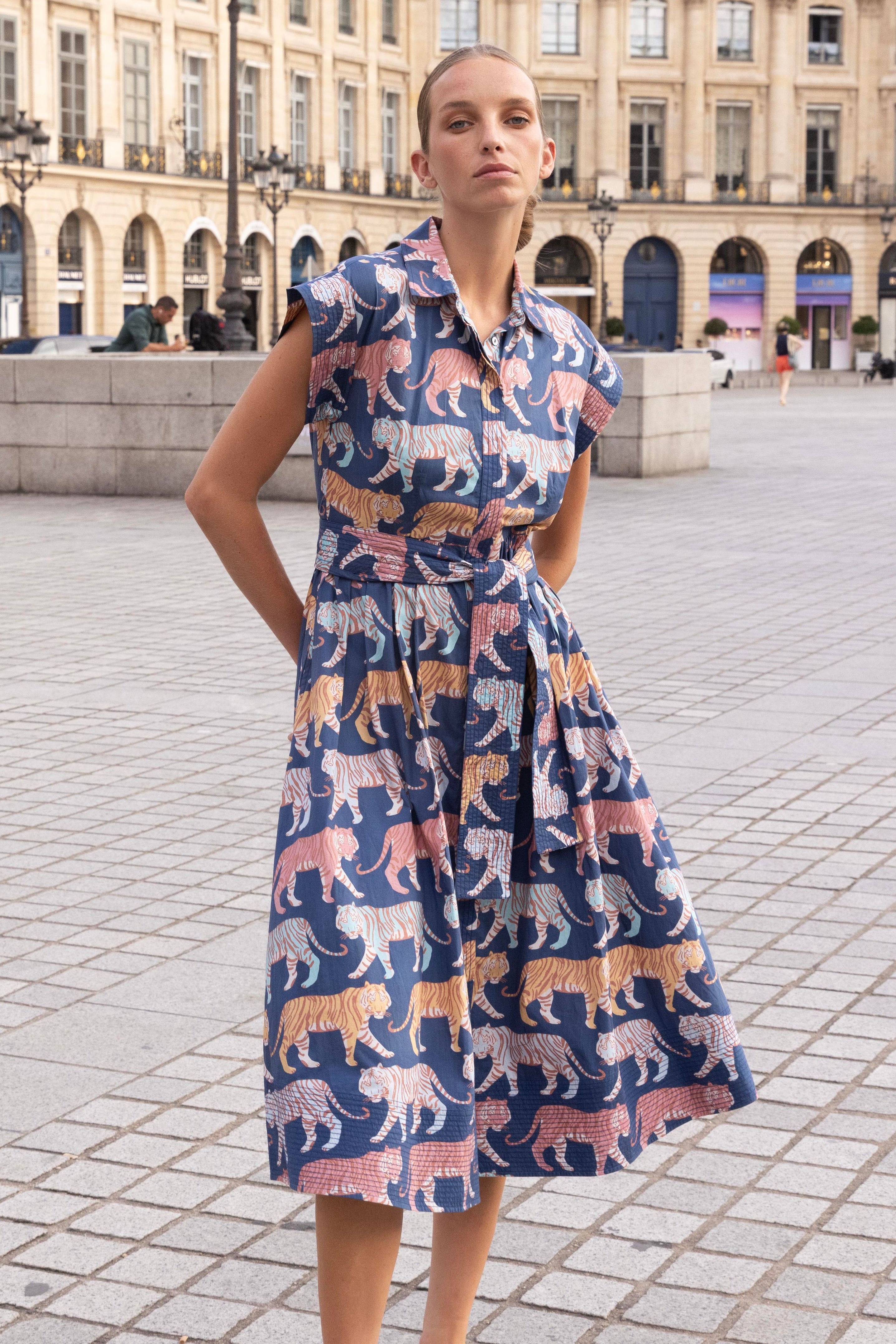 Belted Shirt Dress- Raj Navy