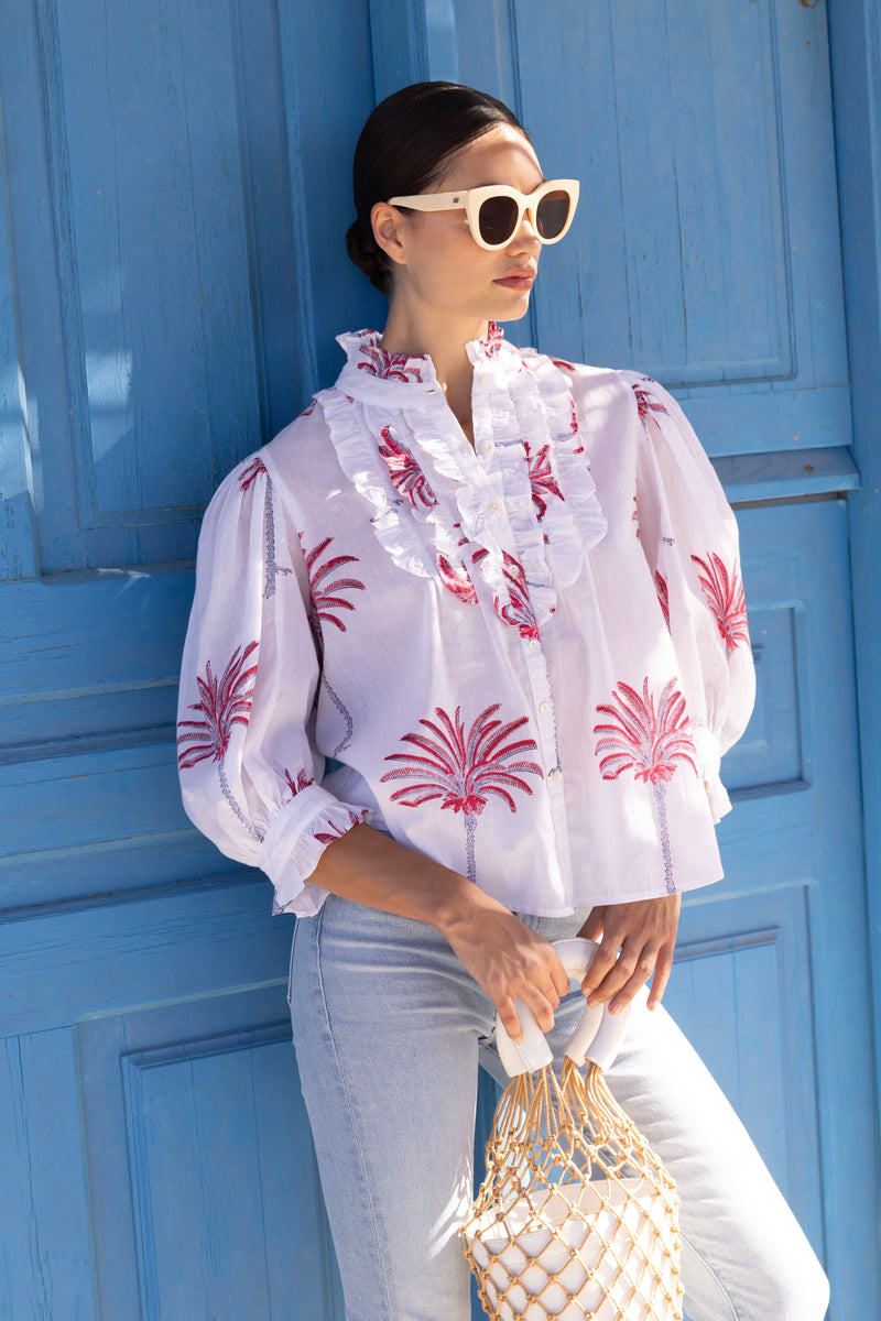 Ruffle Front Button Blouse- Canary Coral