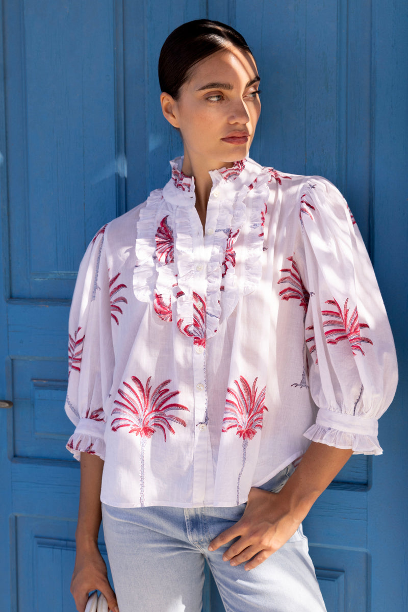 Ruffle Front Button Blouse- Canary Coral