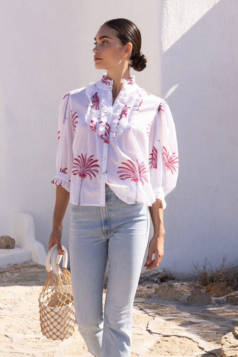 Ruffle Front Button Blouse- Canary Coral