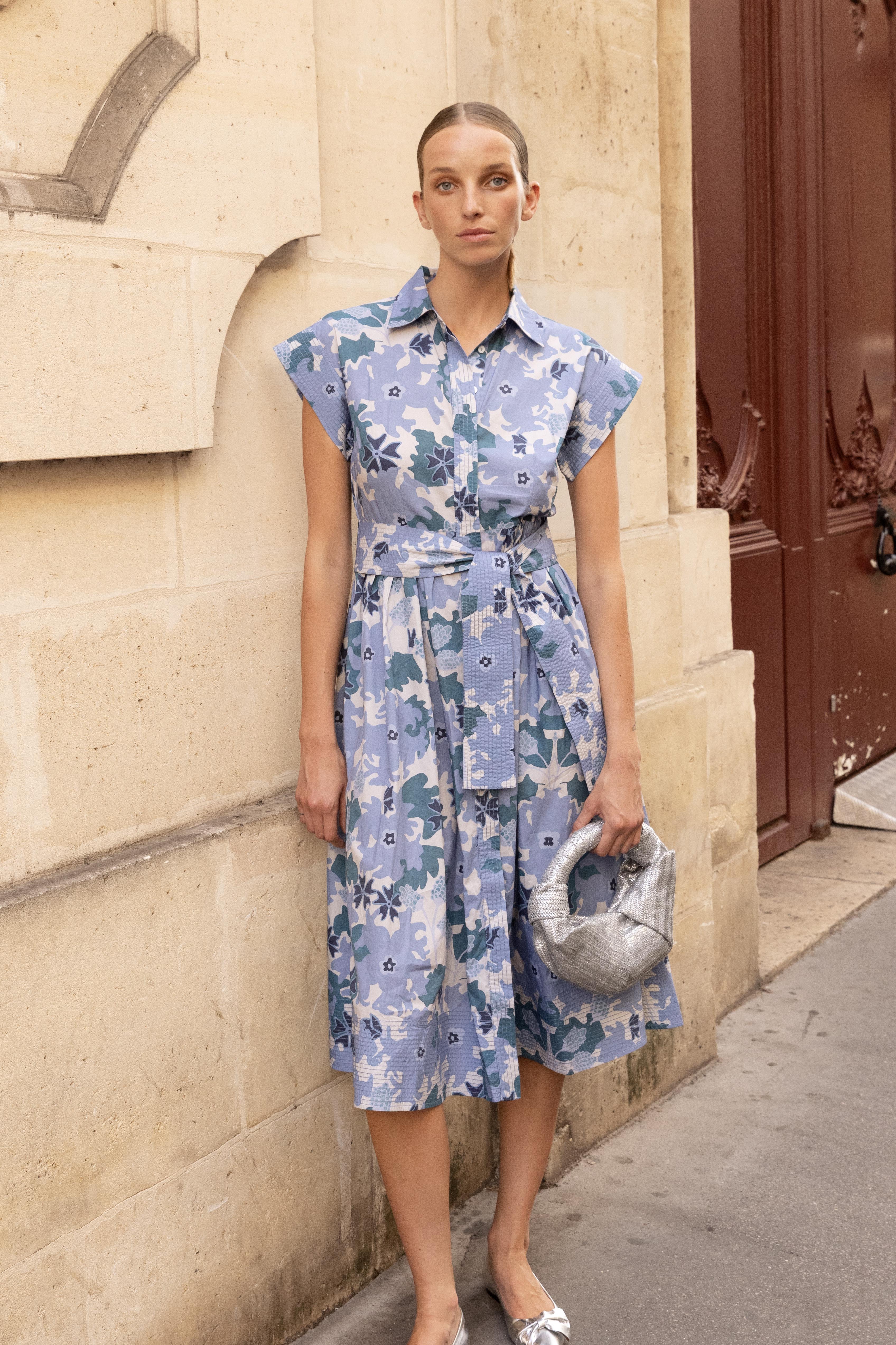 Belted Shirt Dress- Suzani Blue