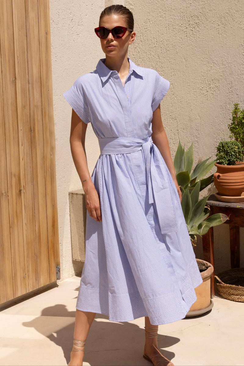 Belted Shirt Dress- Chatham Blue