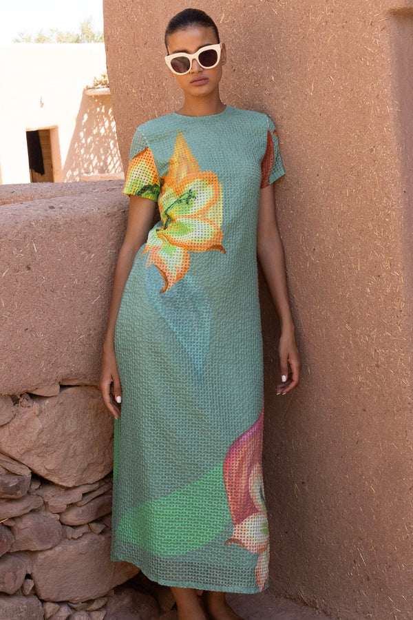 Short Sleeve Shift Maxi- Hibiscus Sage