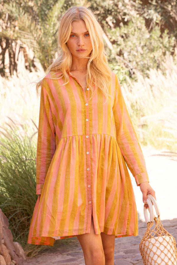 Long Sleeve Shirt Dress Mini- Cabana Coral