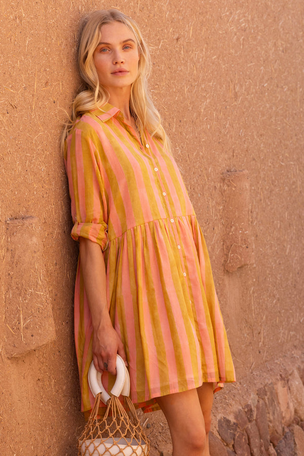 Long Sleeve Shirt Dress Mini- Cabana Coral