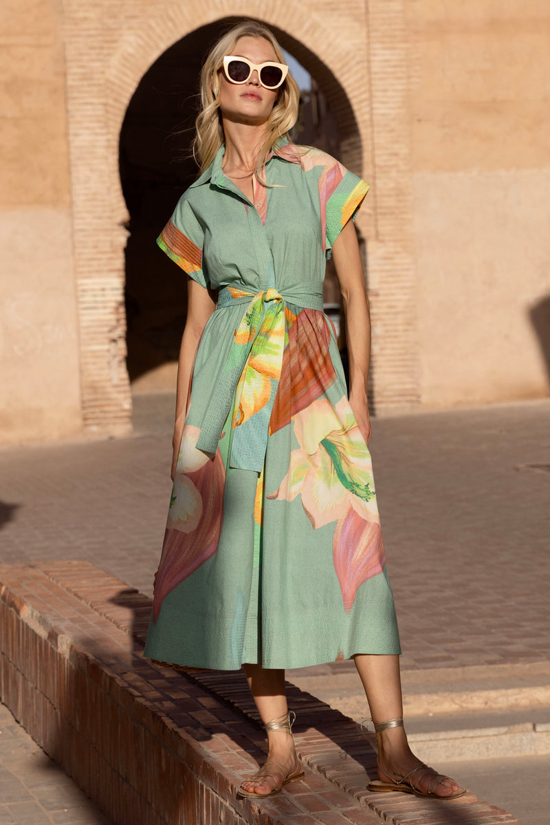 Belted Shirt Dress- Hibiscus Sage