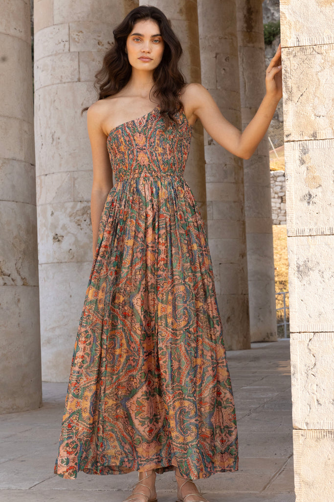 One Shoulder Smocked Maxi- Persia Aqua – OLIPHANTDESIGN