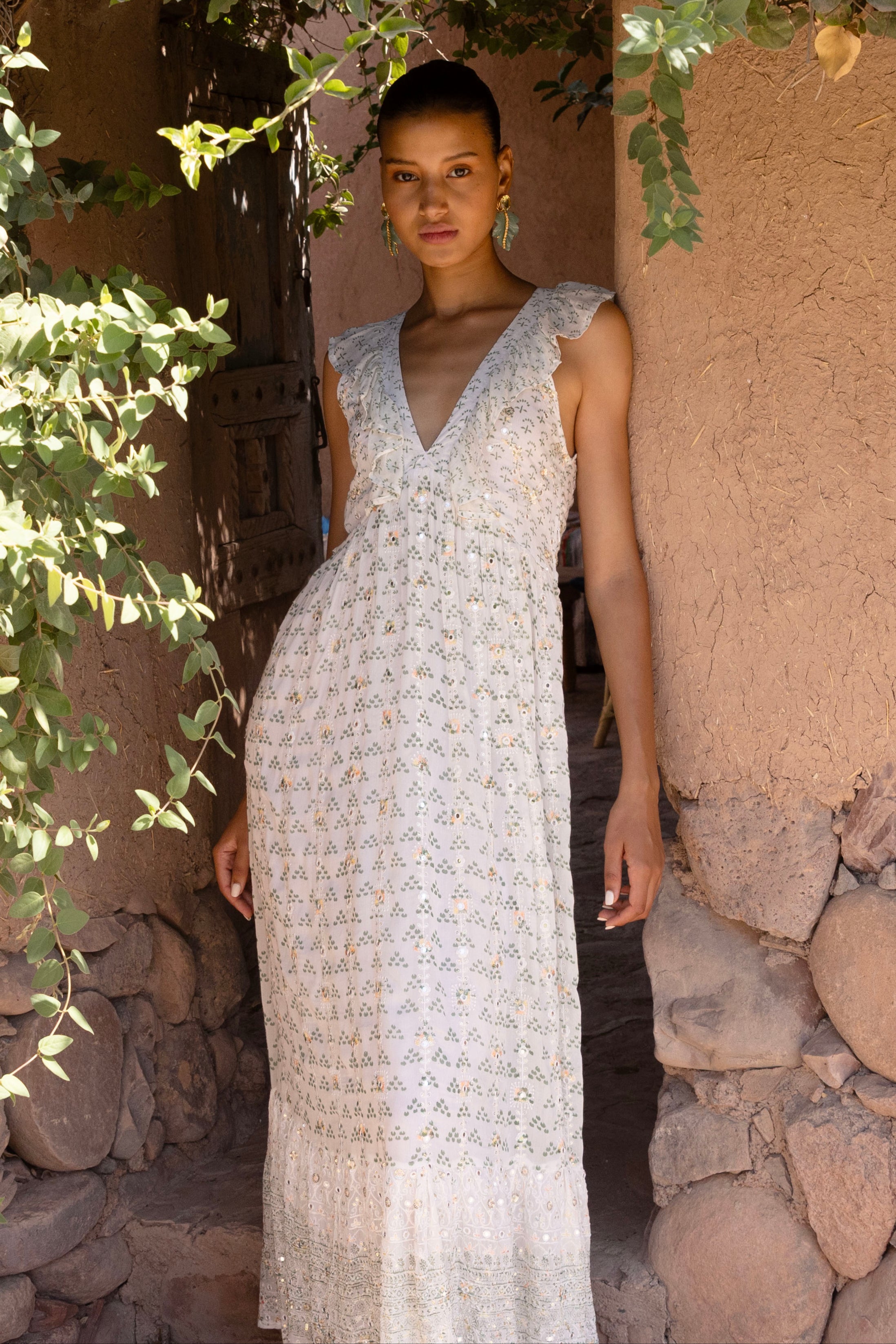 Ruffle V-Neck Maxi- Juniper Olive