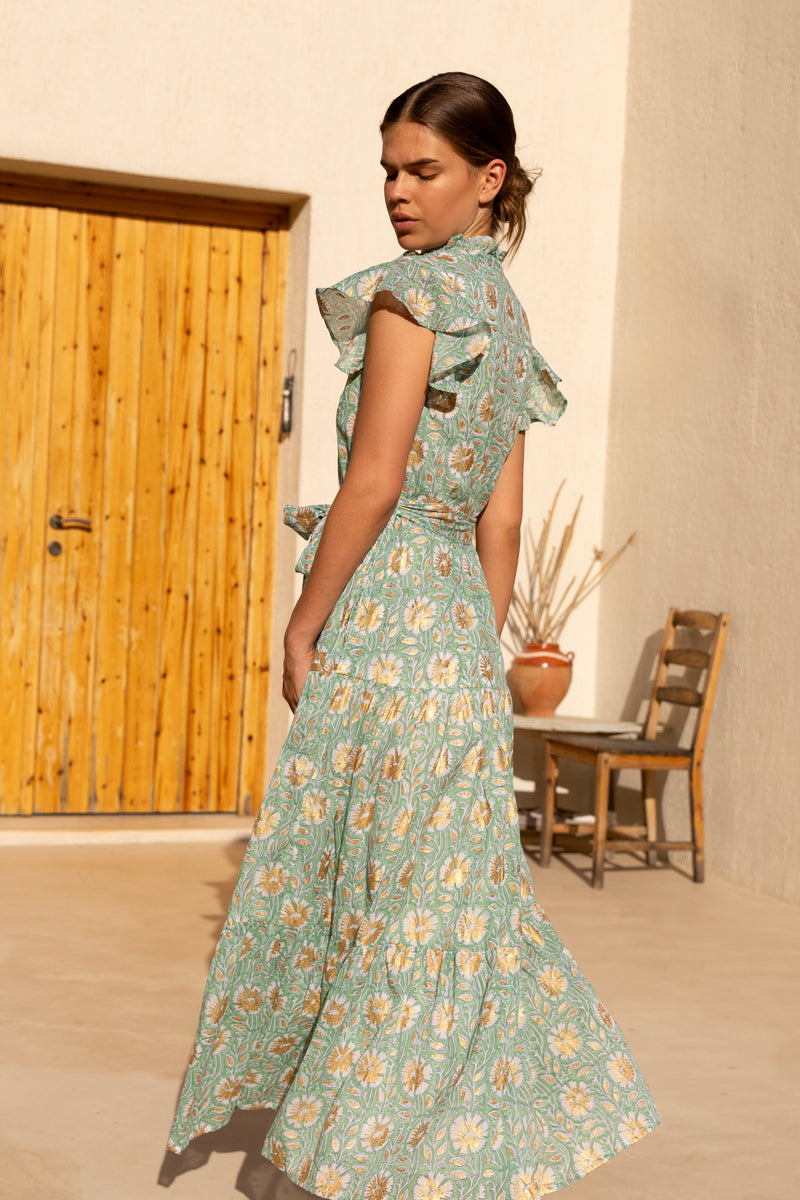 Ruffle Collar Button Maxi- Mughal Green