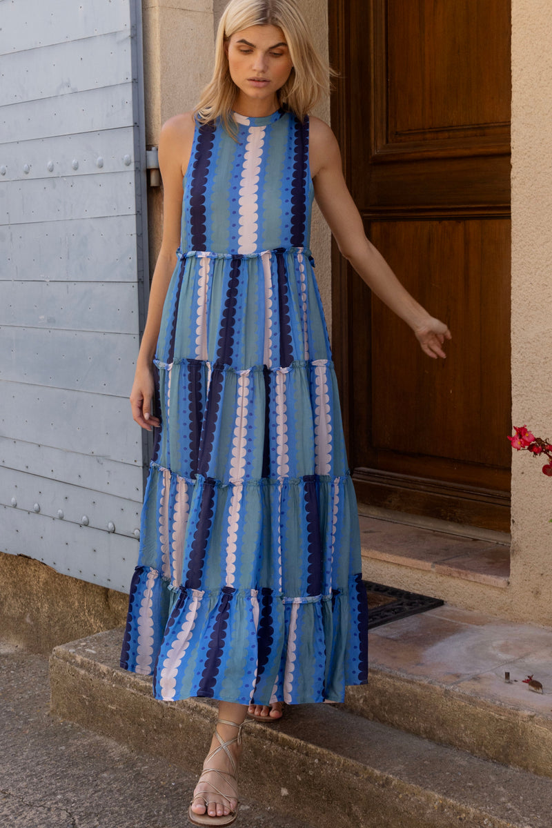 Ruffle Tiered Maxi- Meko Blue