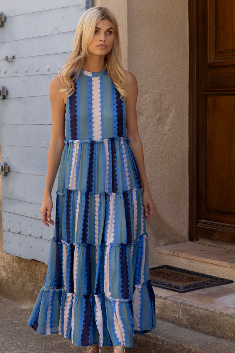 Ruffle Tiered Maxi- Meko Blue