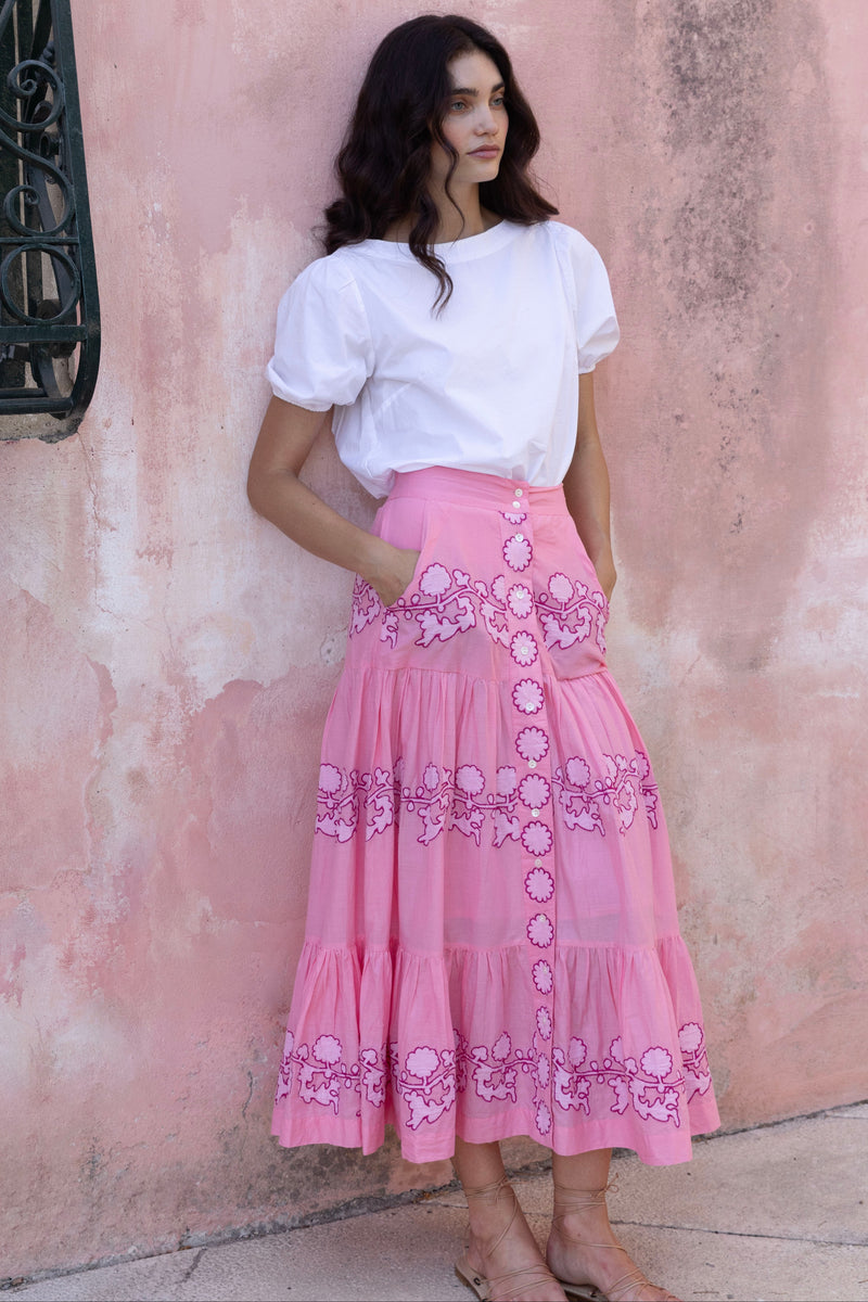 Button Front Skirt- Tangier Pink