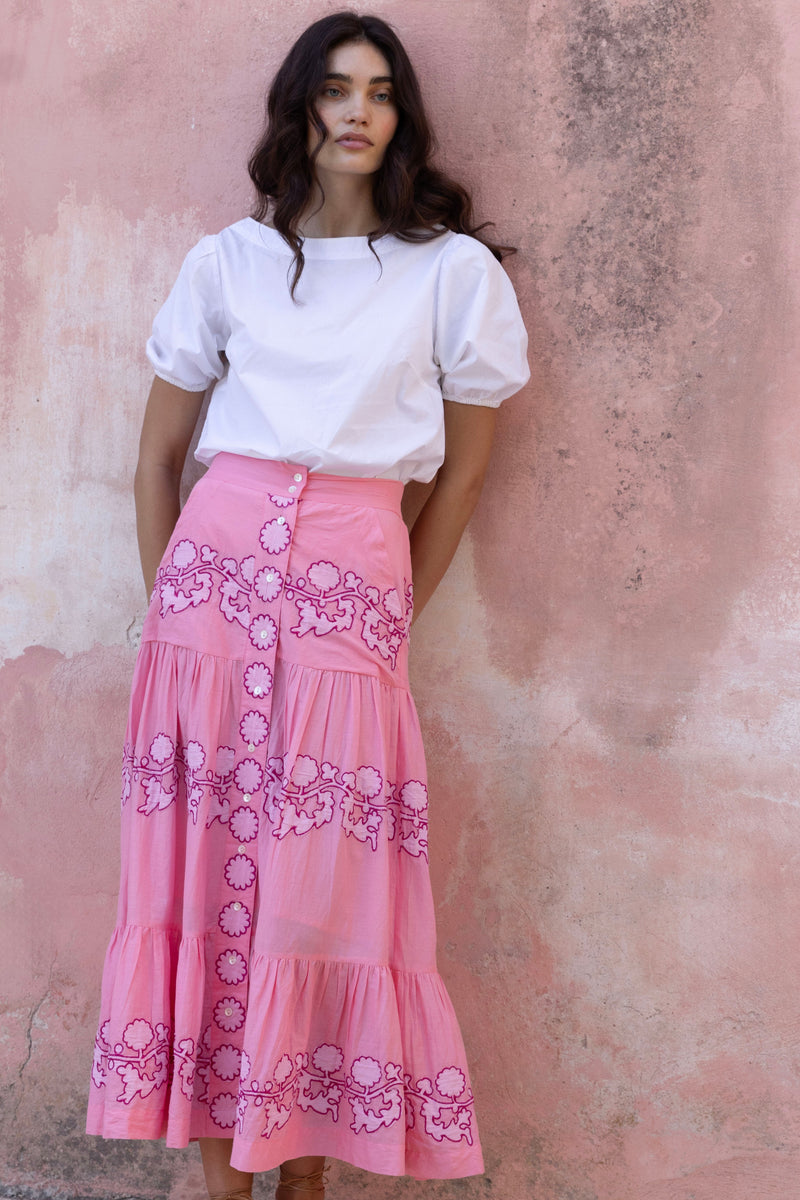 Button Front Skirt- Tangier Pink