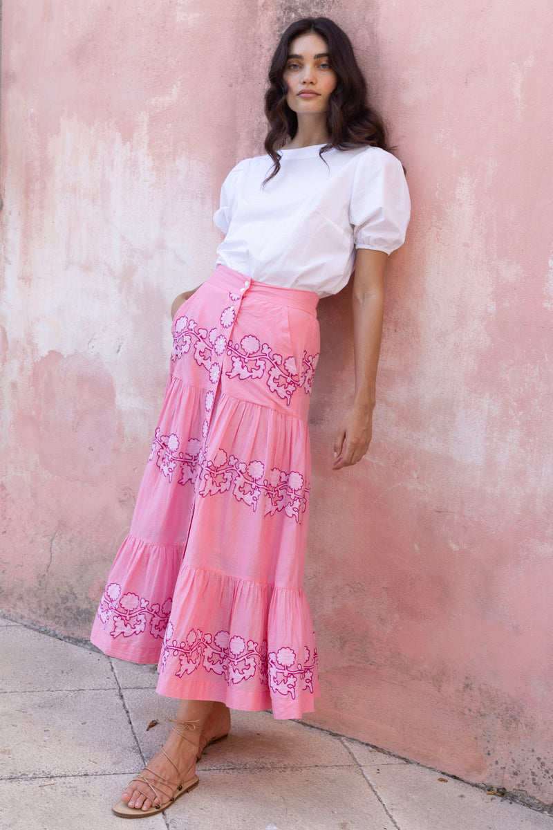 Button Front Skirt- Tangier Pink