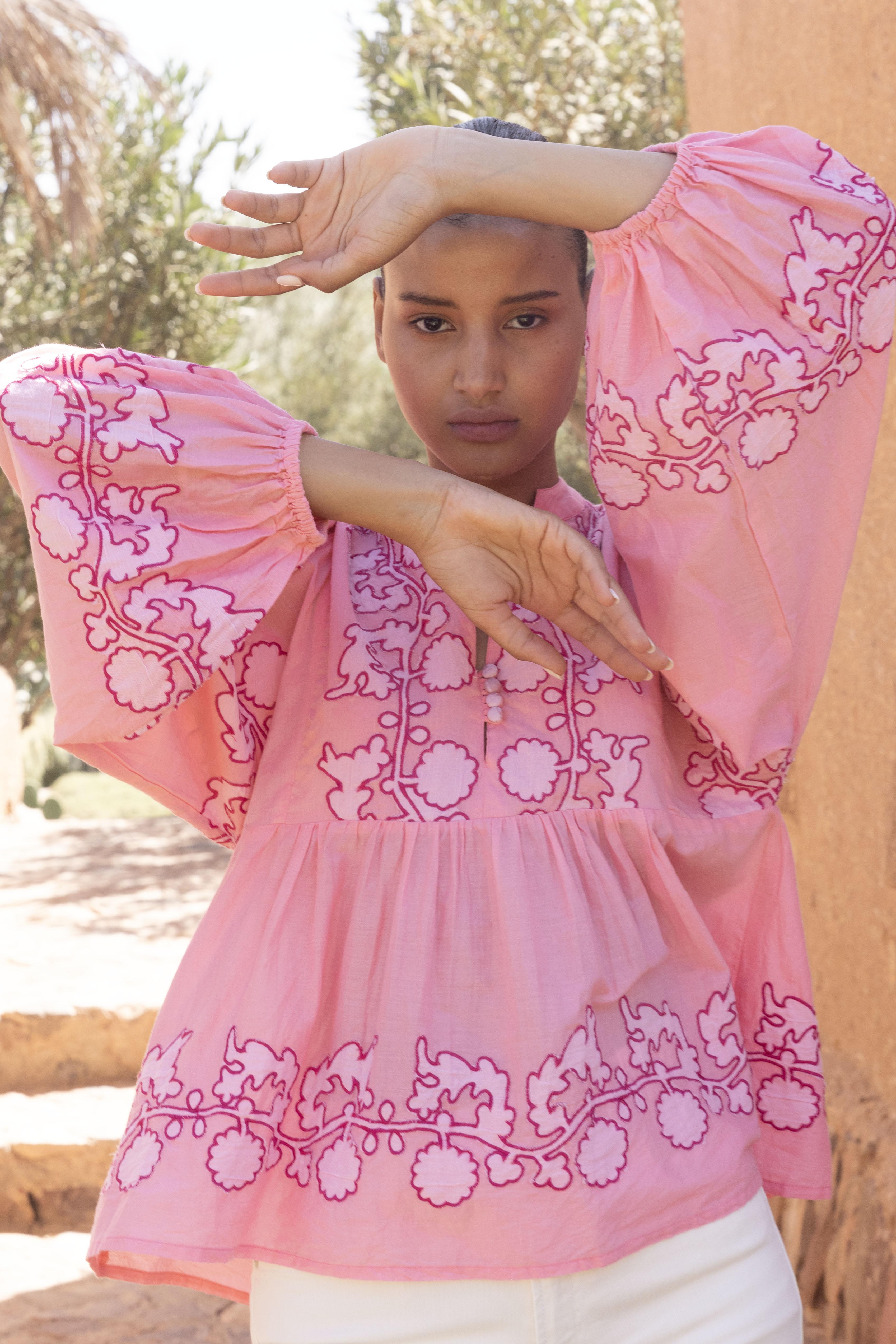 Mandarin Balloon Top- Tangier Pink