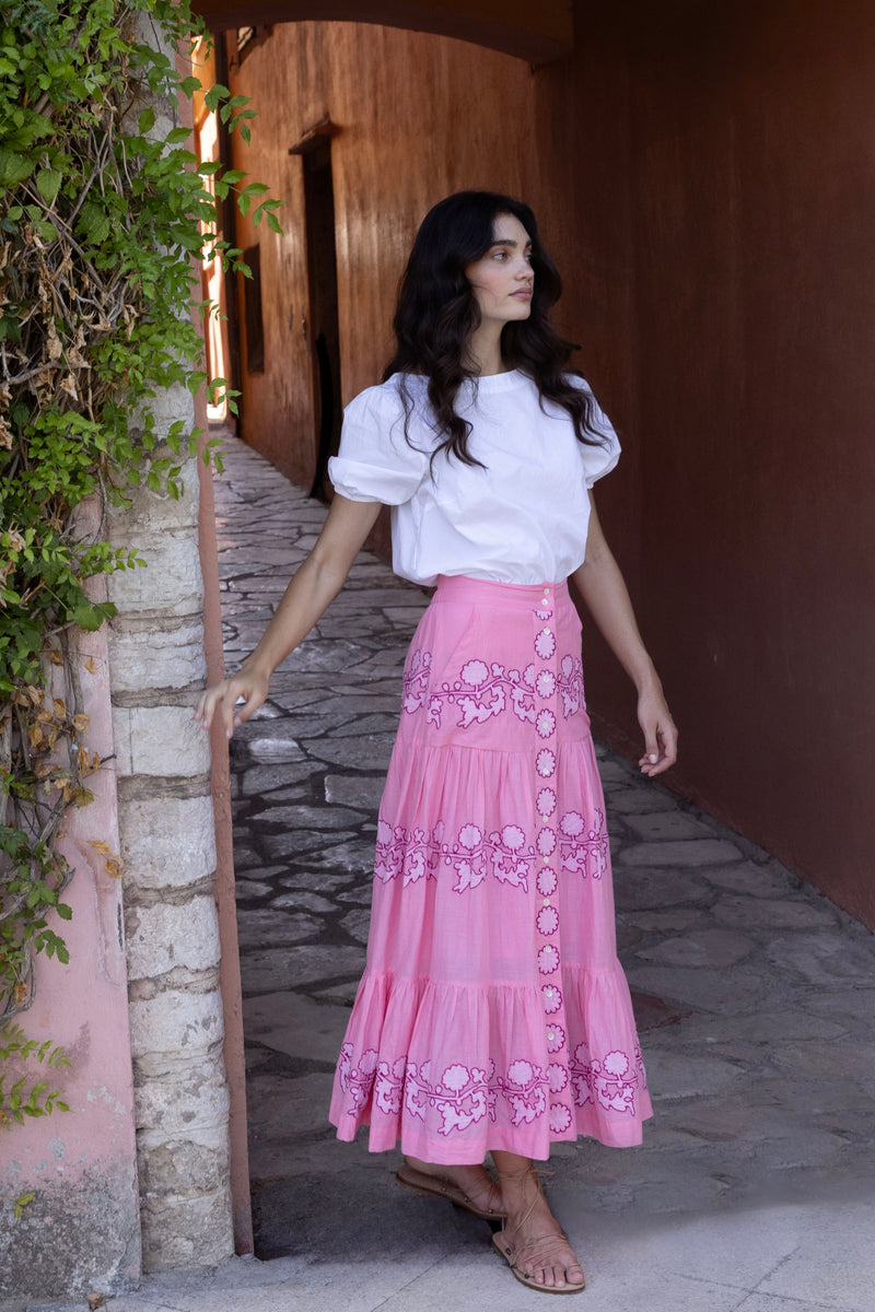 Button Front Skirt- Tangier Pink