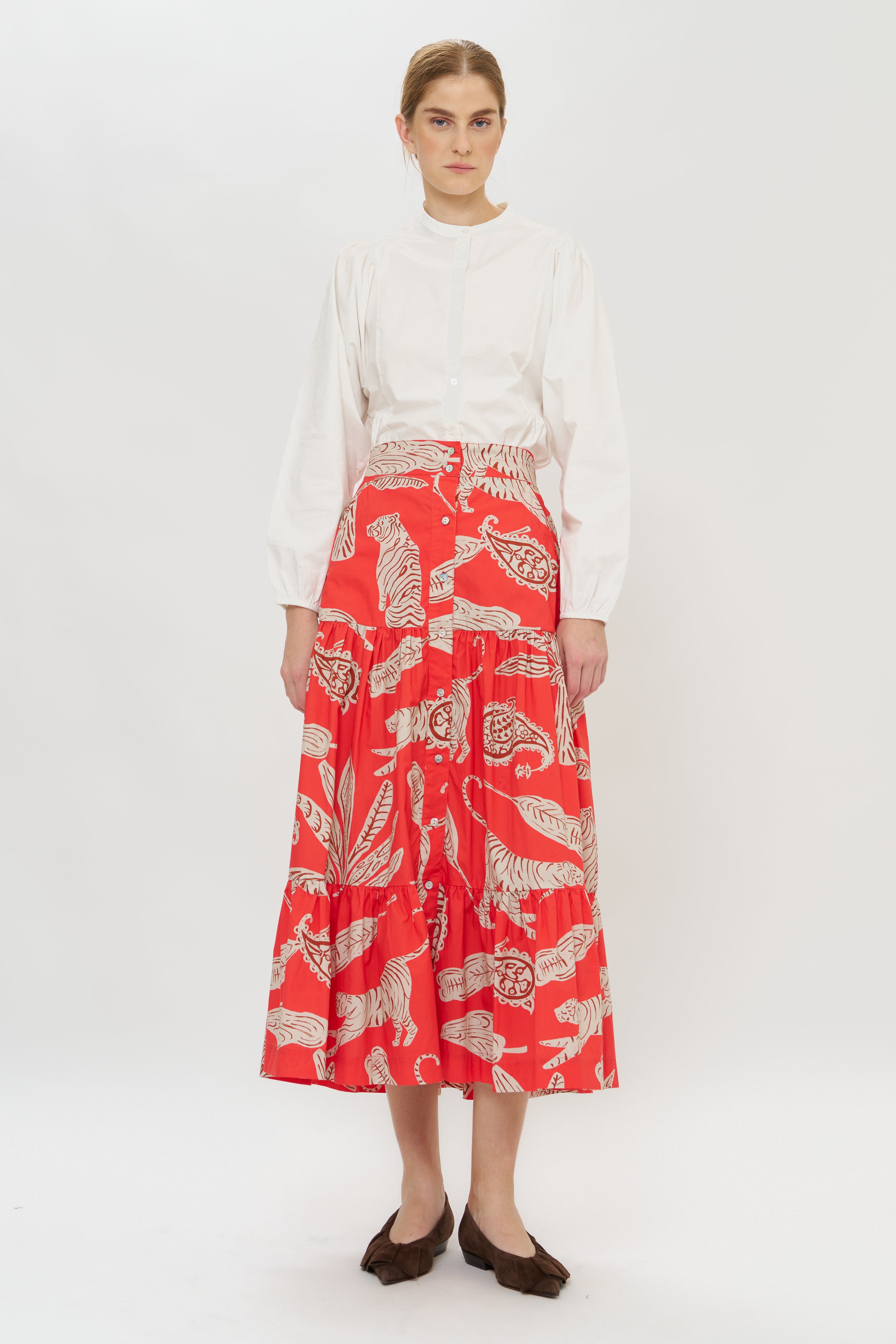 Button Front Skirt- Bengal Brick