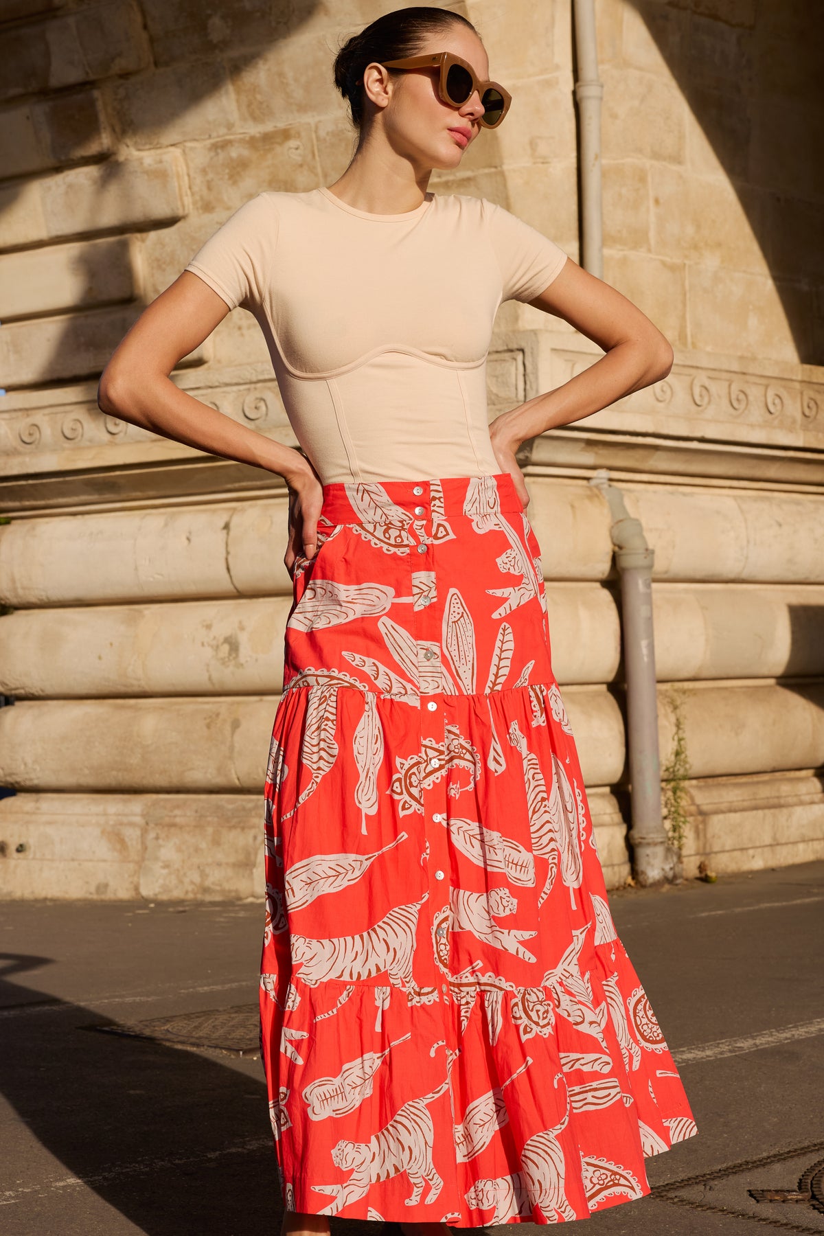 Button Front Skirt- Bengal Brick
