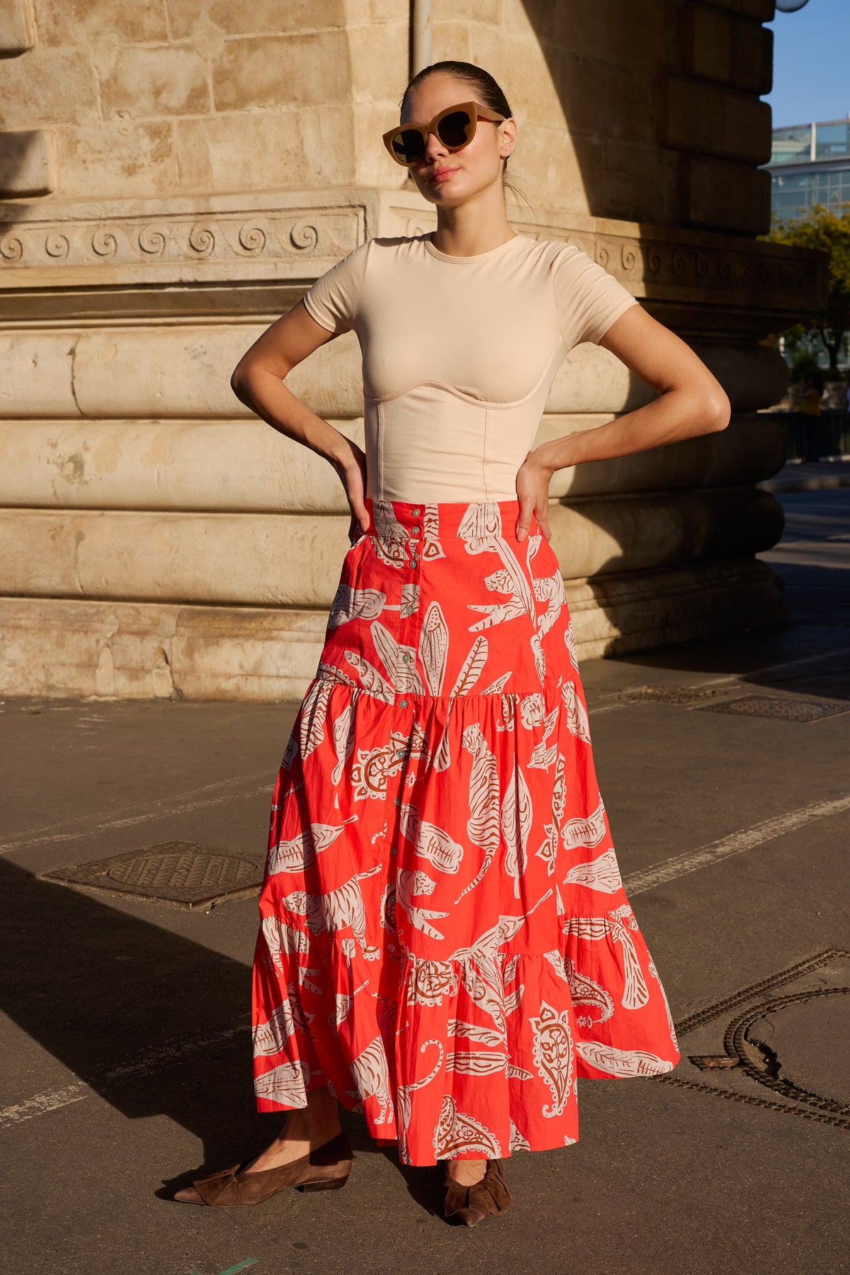 Button Front Skirt- Bengal Brick