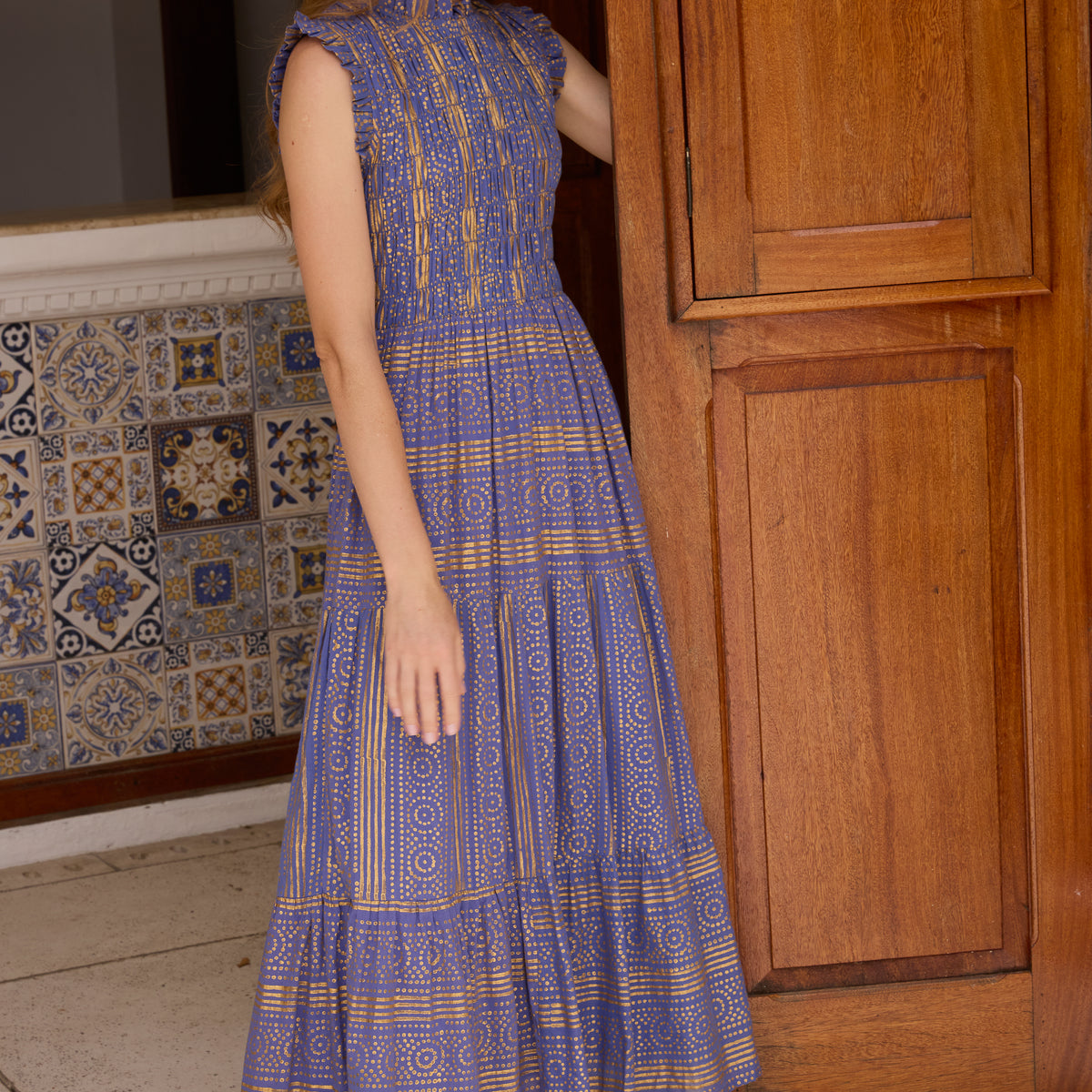 oliphant smocked maxi dress Sleeveless Printed Cotton Voile, Helene Blue, XS Linen Smock Dress Color:Pure Black A Line Pink Dress bronze detailing on a