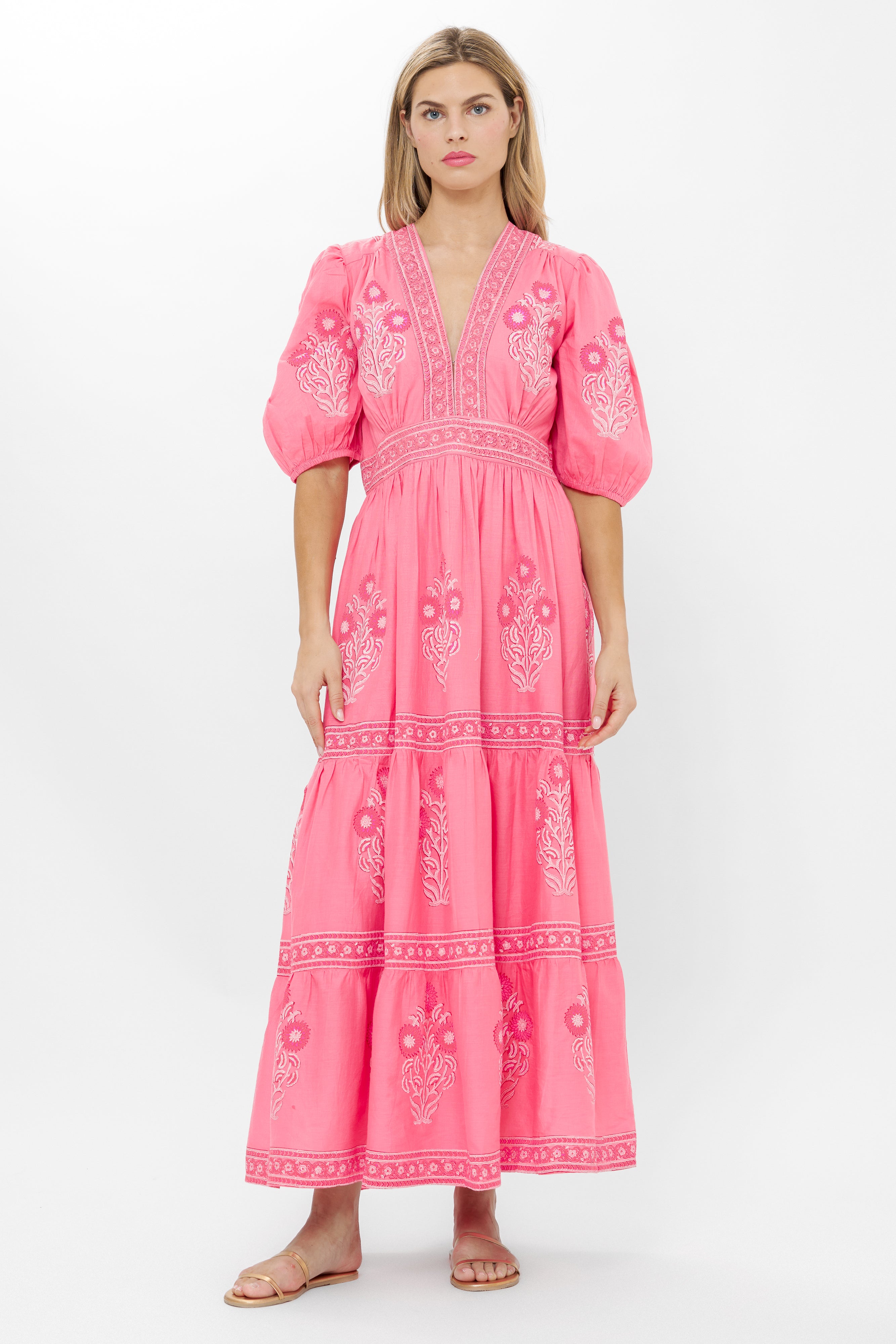 V-Neck Puffed Maxi- Raton Pink