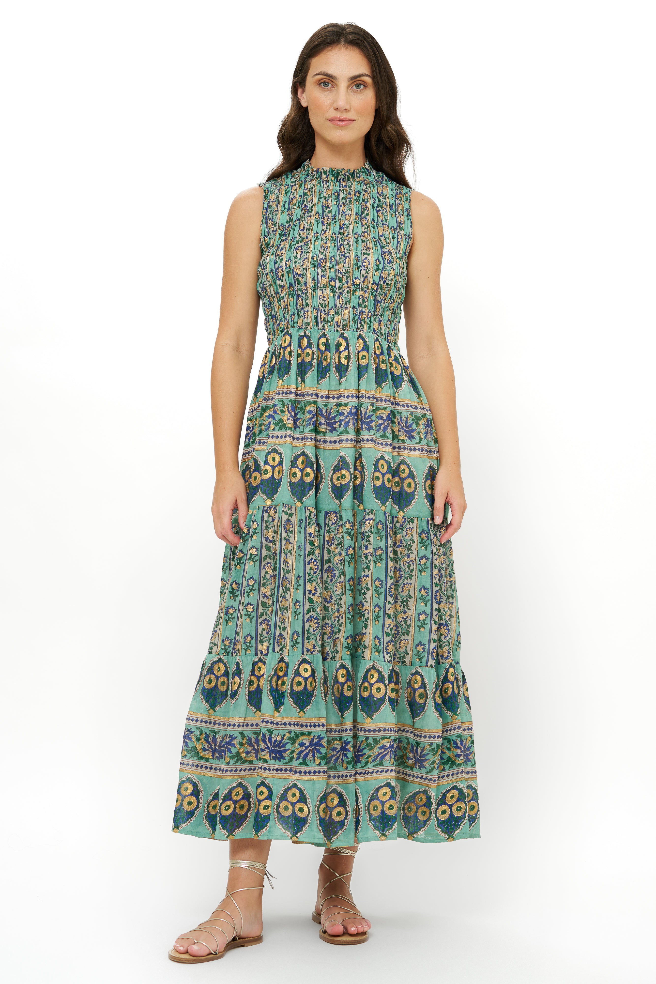 Sleeveless Smocked Maxi- Taj Aqua