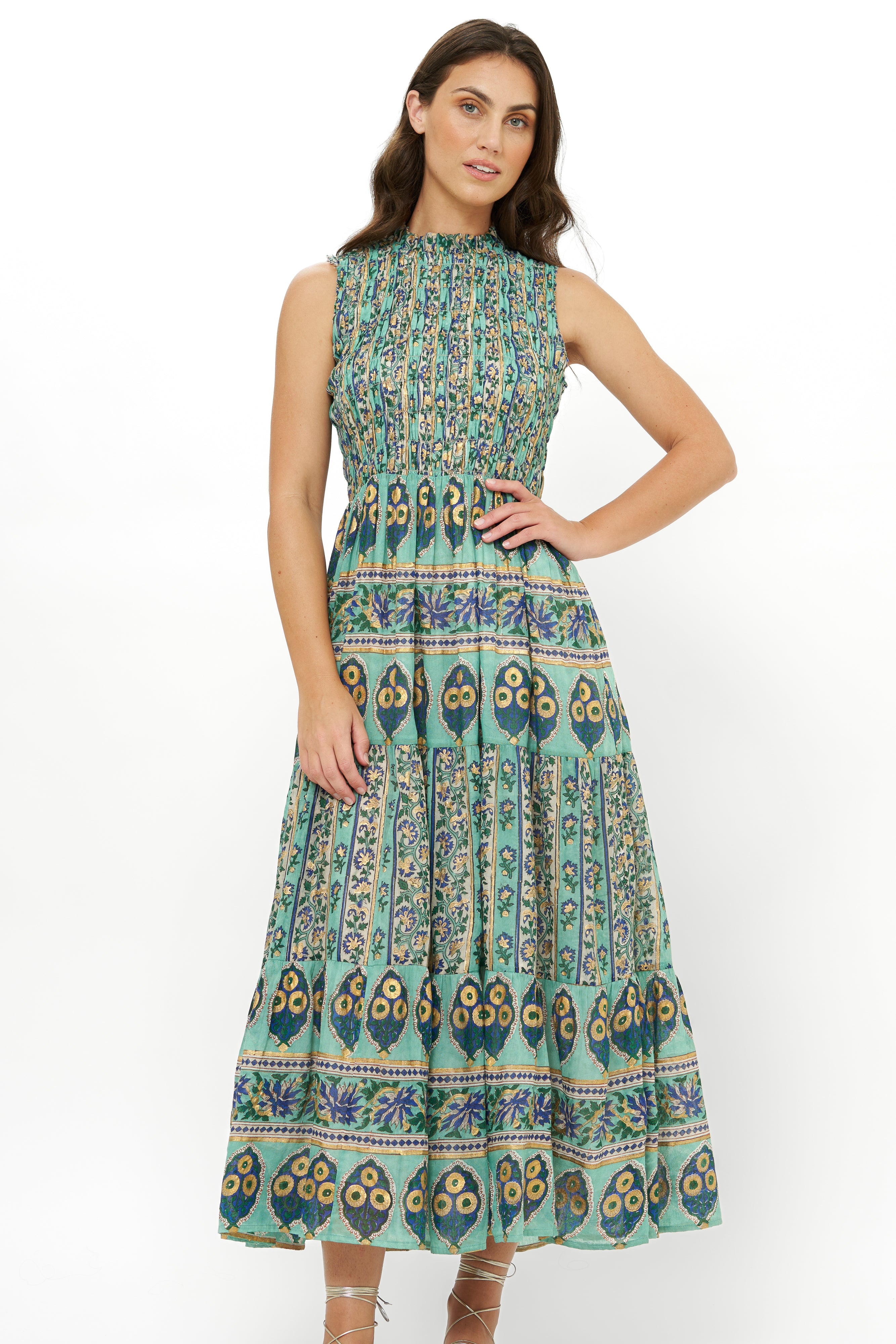 Sleeveless Smocked Maxi- Taj Aqua