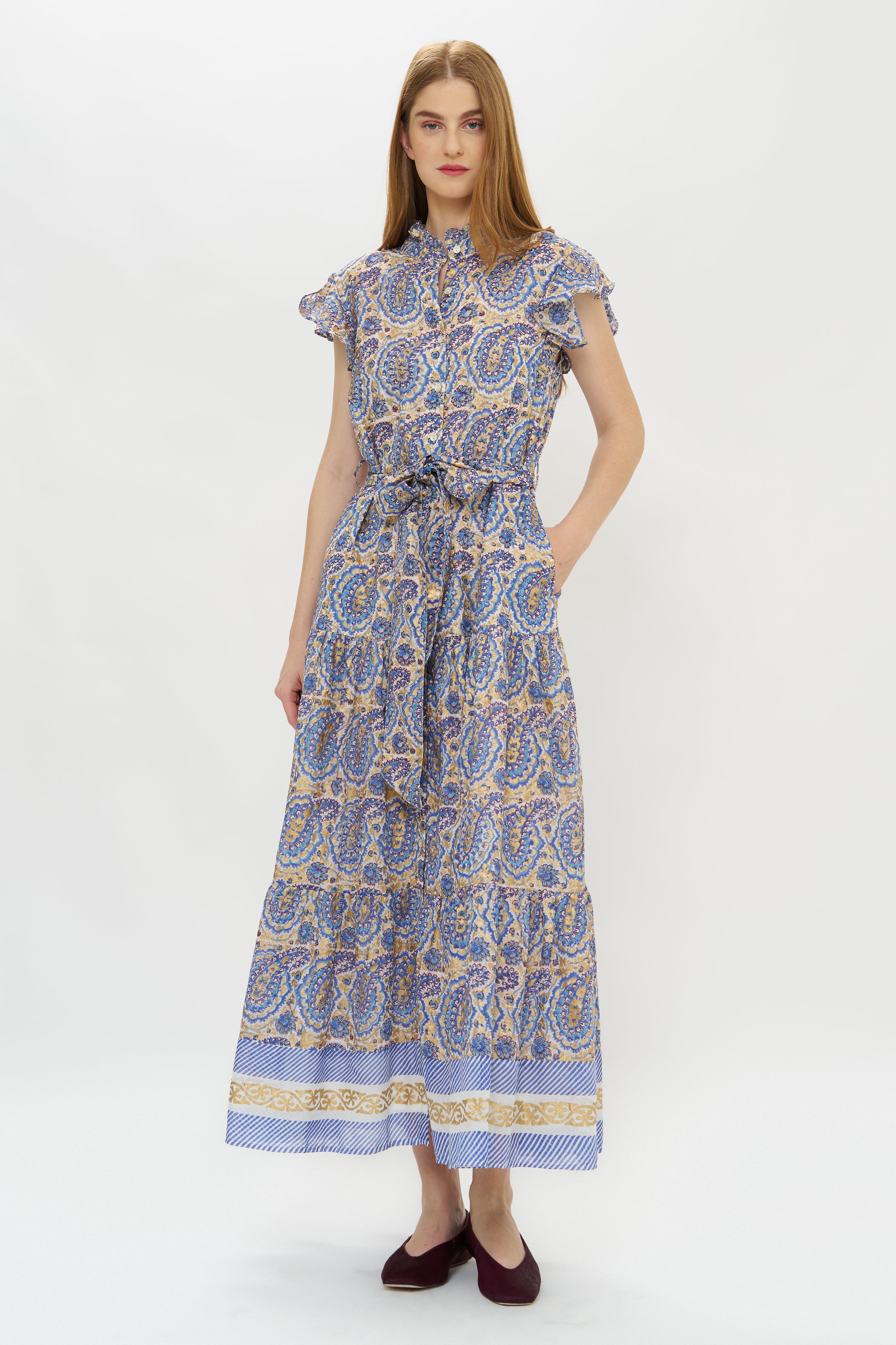 Ruffle Collar Button Maxi- Izmir Blue