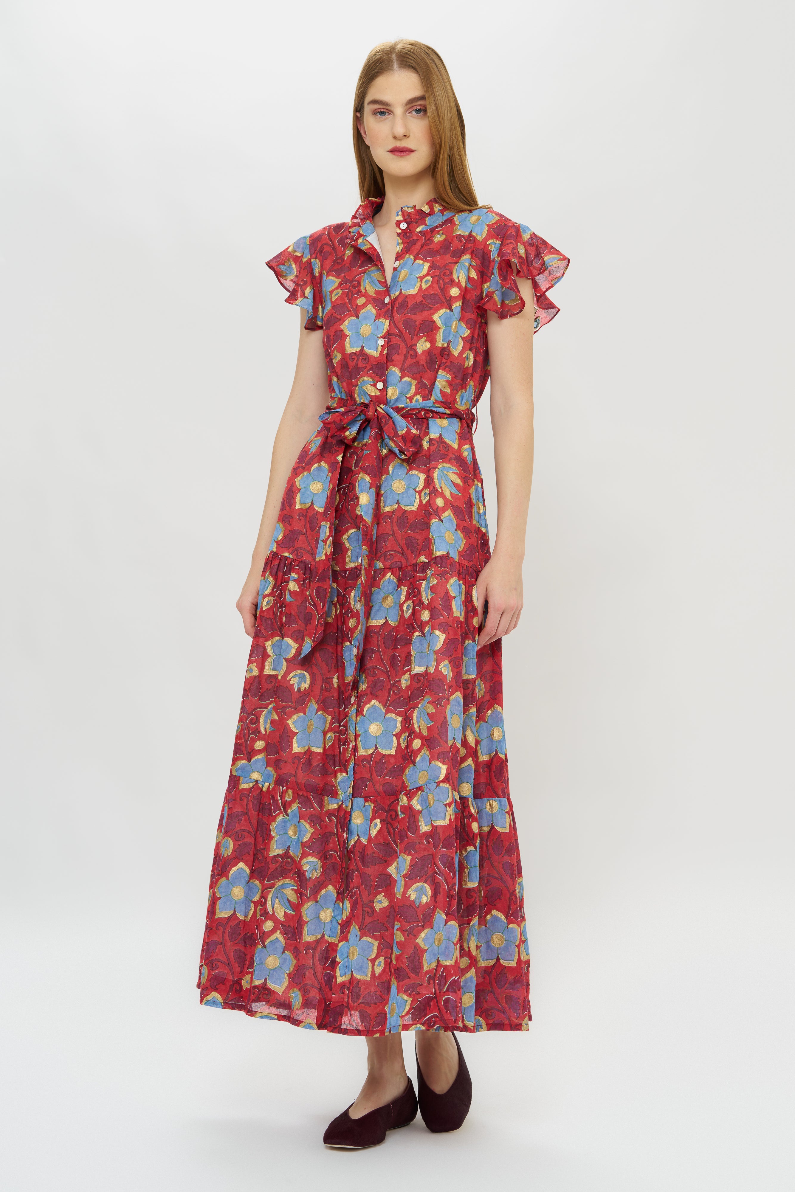 Ruffle Collar Button Maxi- Kildare Red