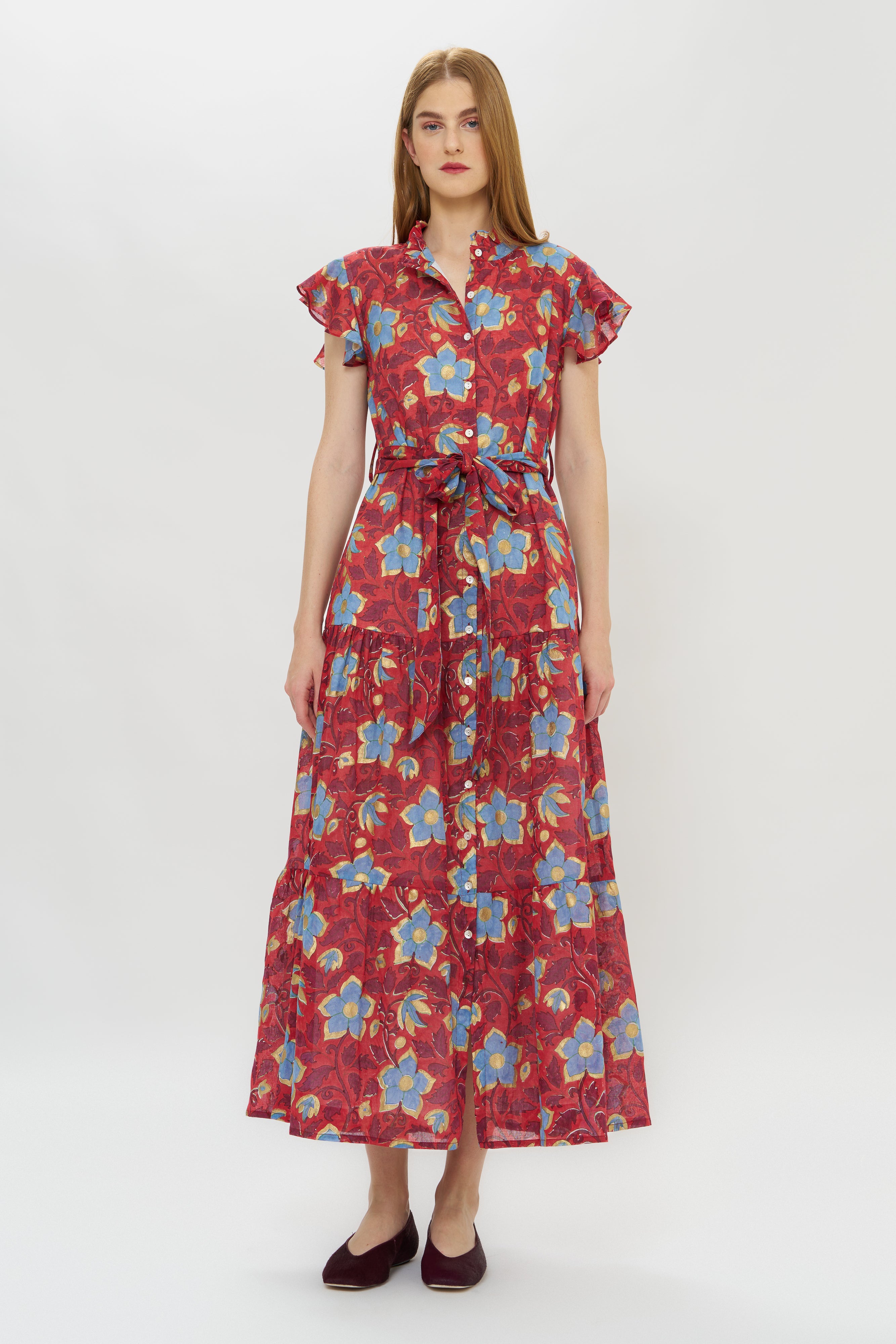 Ruffle Collar Button Maxi- Kildare Red
