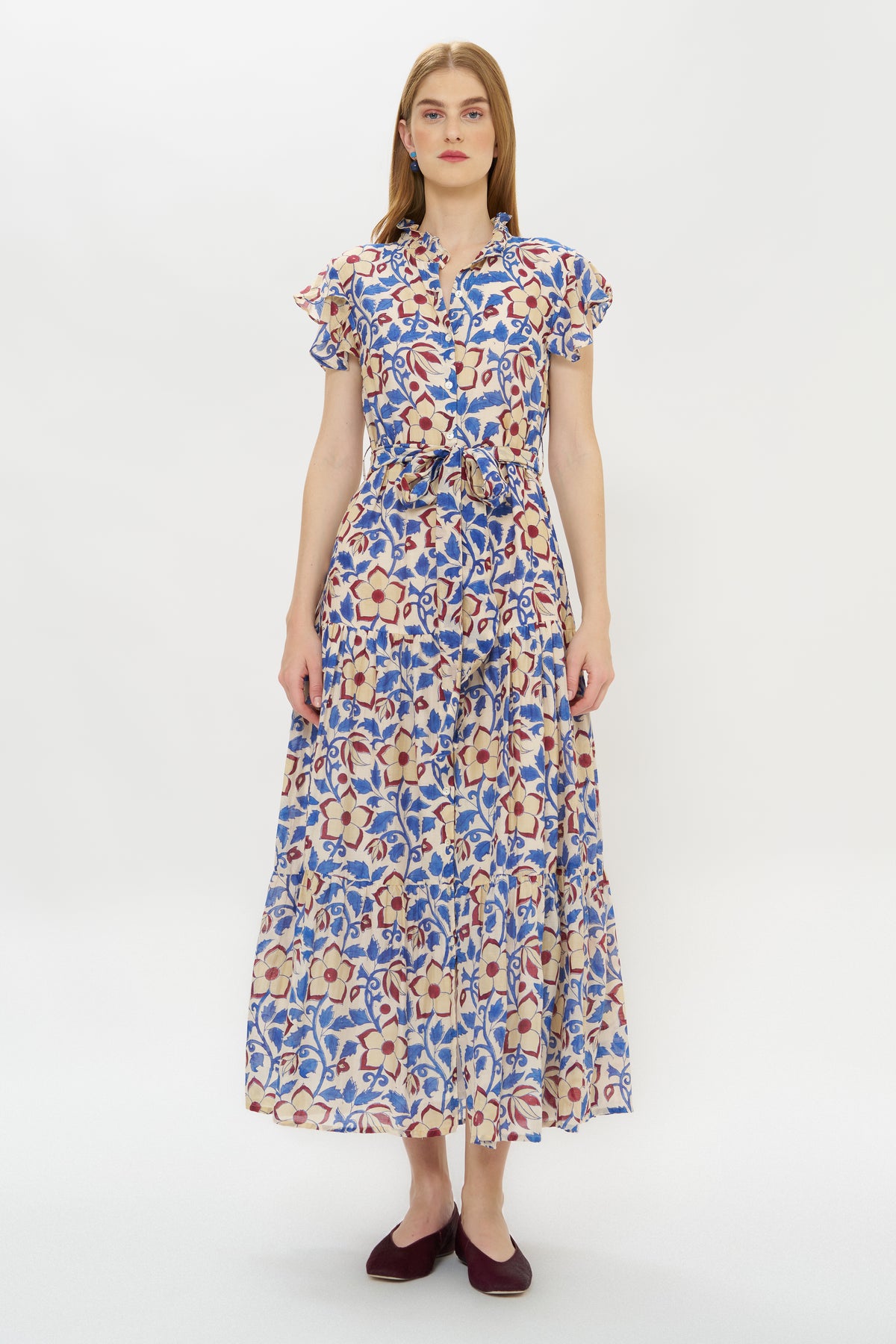 Ruffle Collar Button Maxi- Kildare Blue