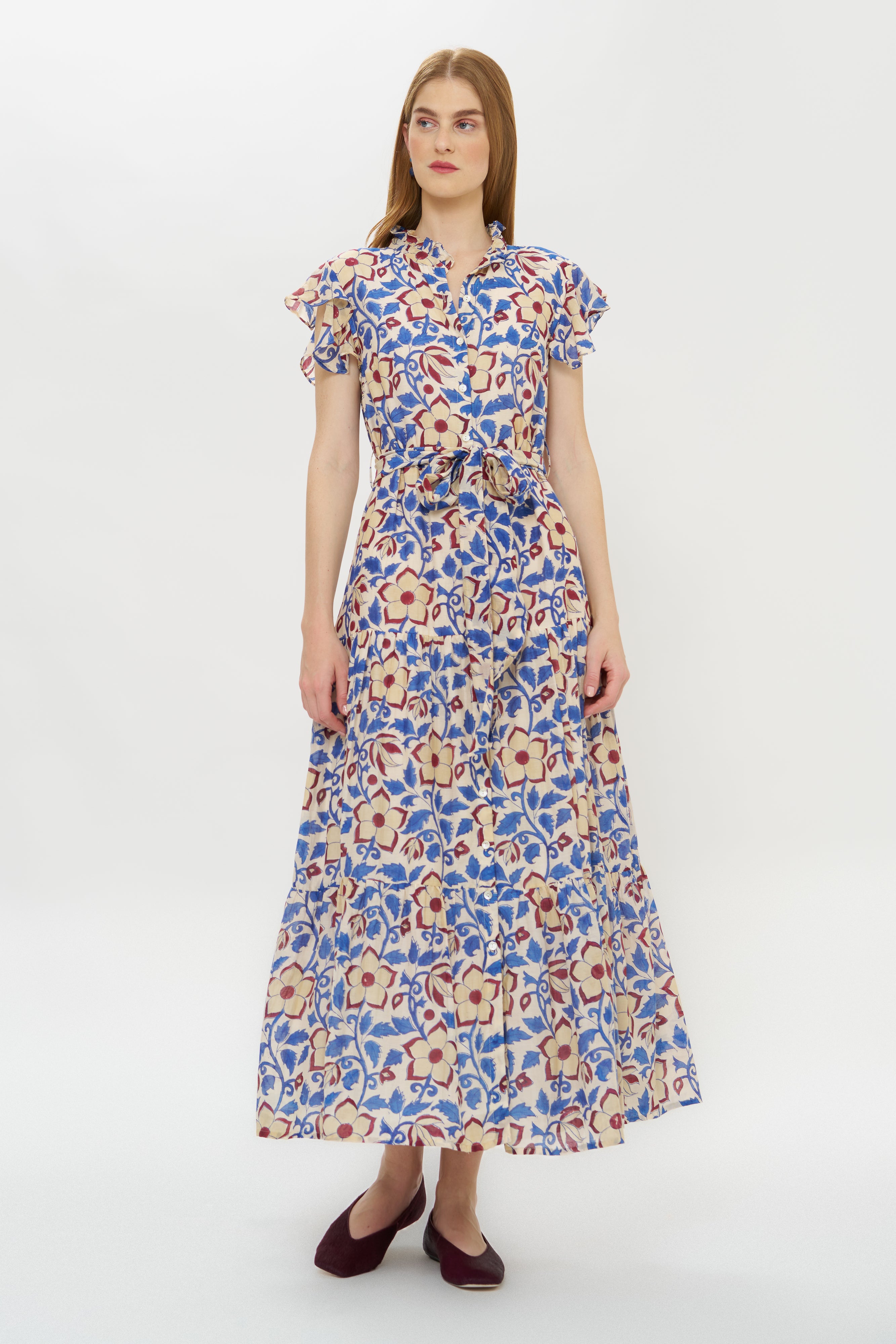 Ruffle Collar Button Maxi- Kildare Blue