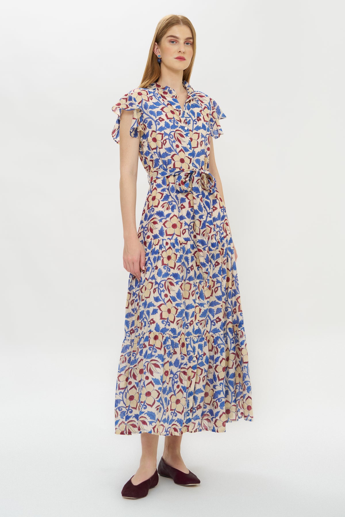 Ruffle Collar Button Maxi- Kildare Blue