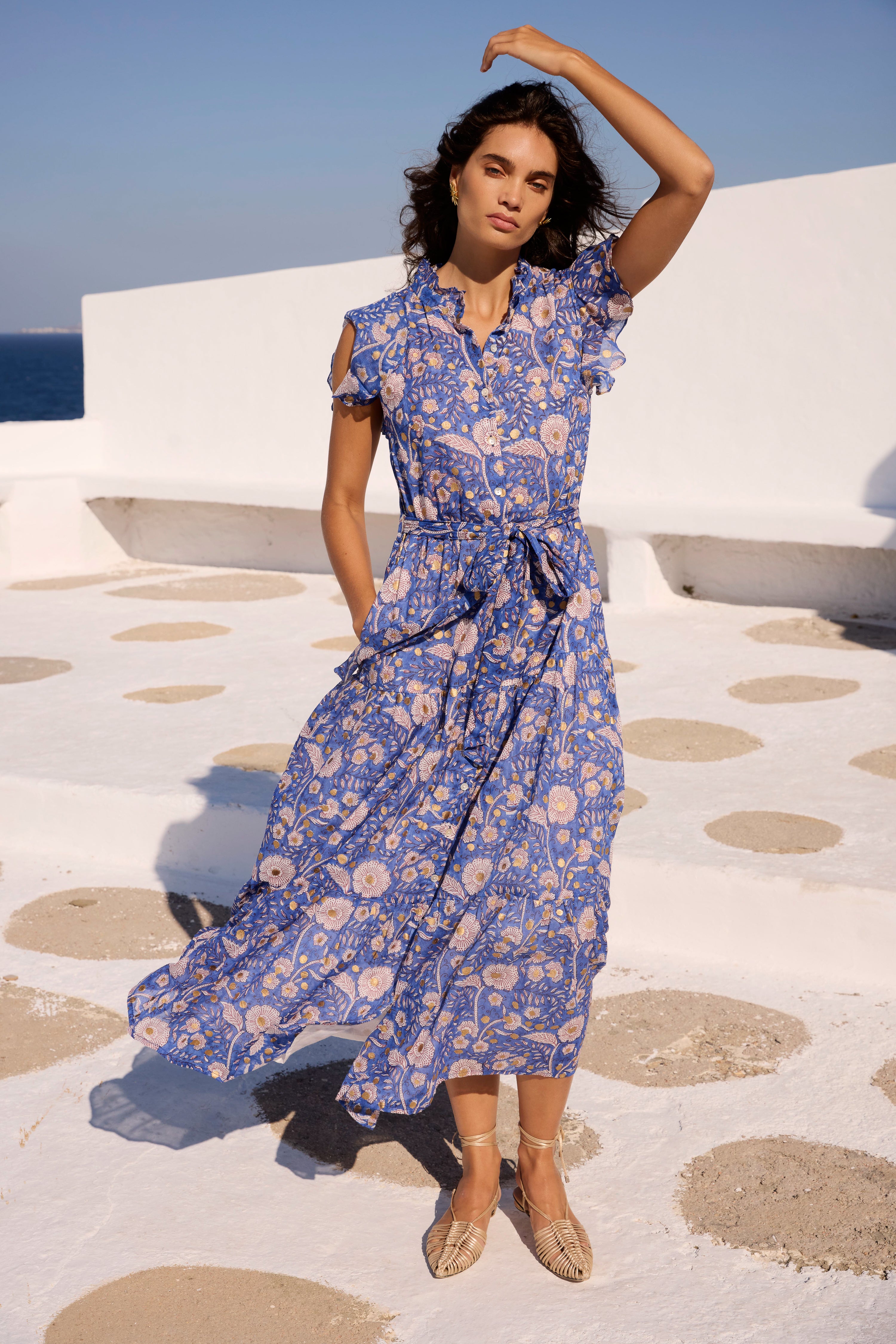 Ruffle Collar Button Maxi- Carolina Cobalt