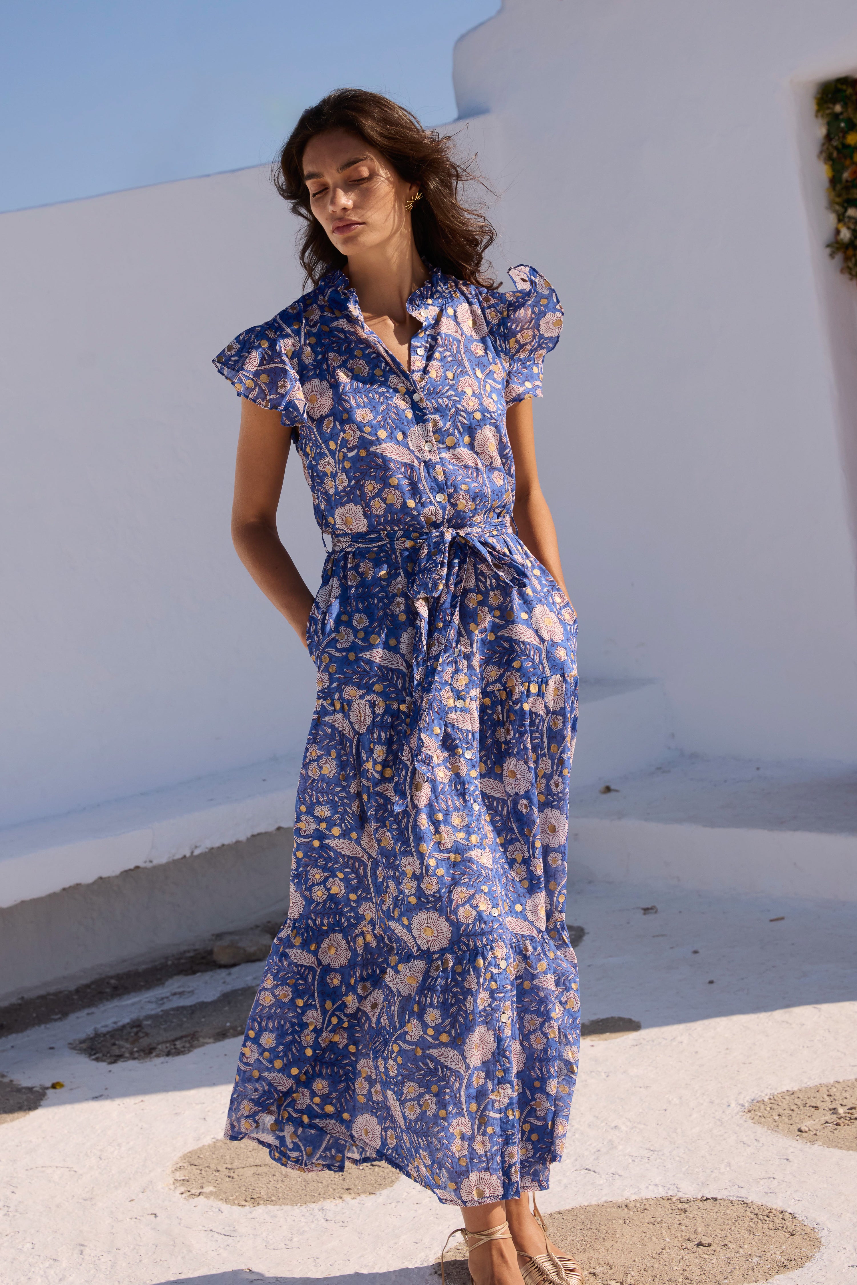 Ruffle Collar Button Maxi- Carolina Cobalt