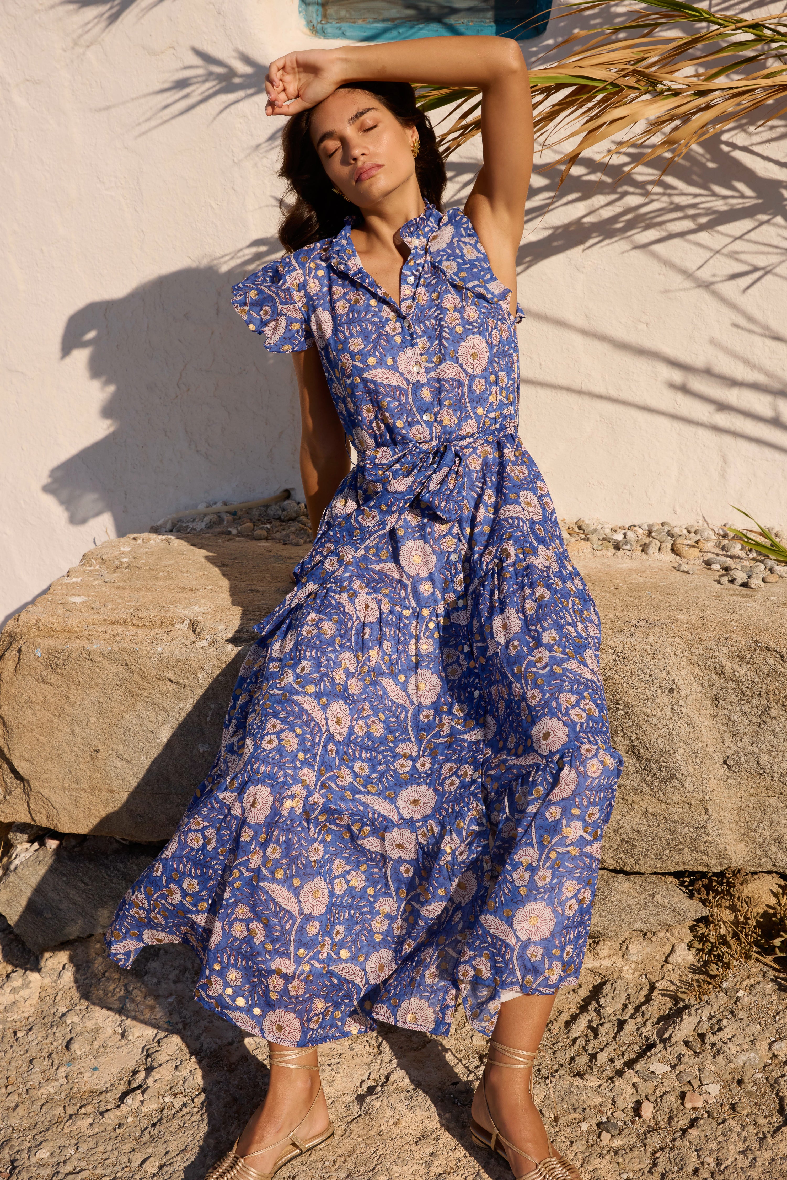 Ruffle Collar Button Maxi- Carolina Cobalt