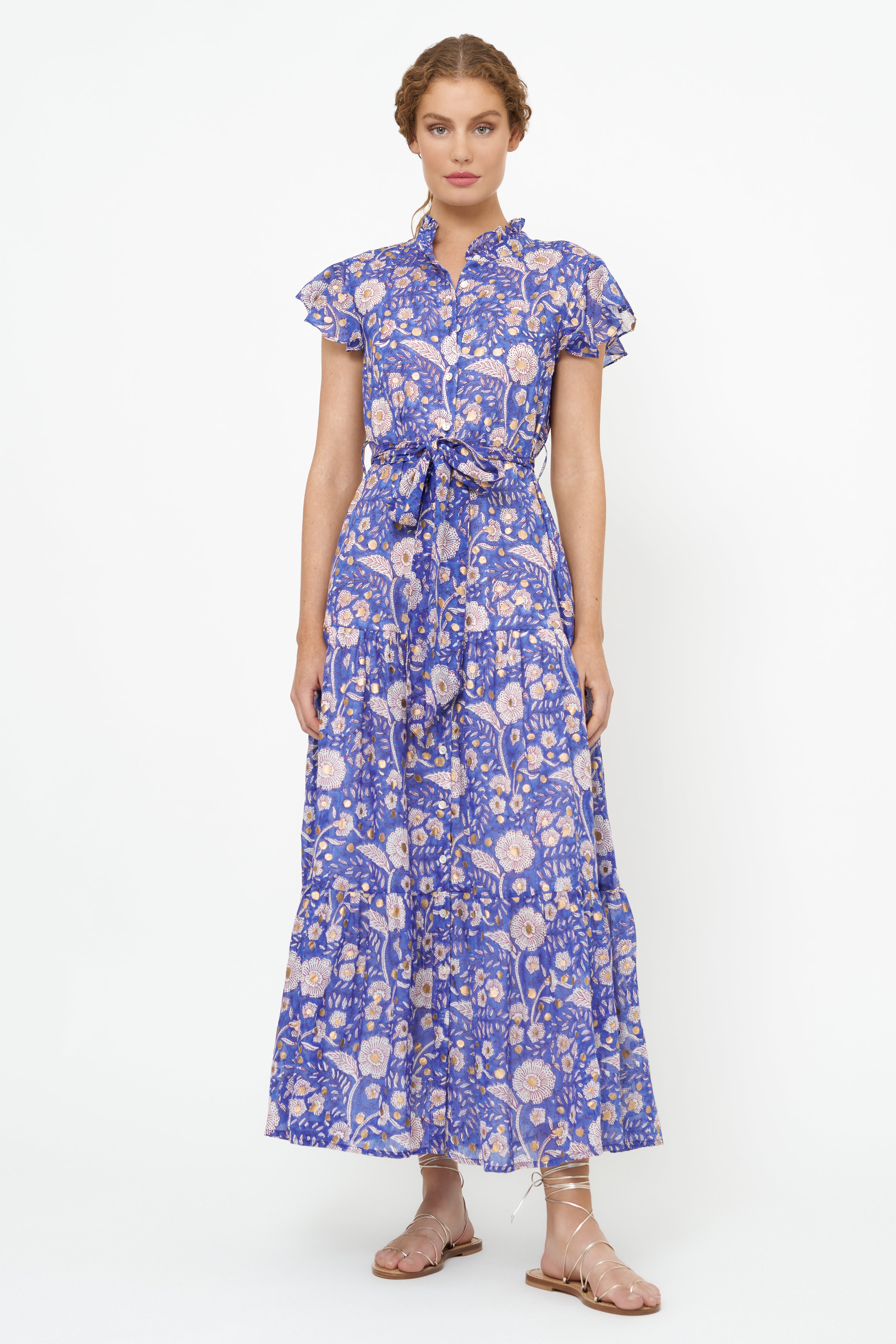 Ruffle Collar Button Maxi- Carolina Cobalt