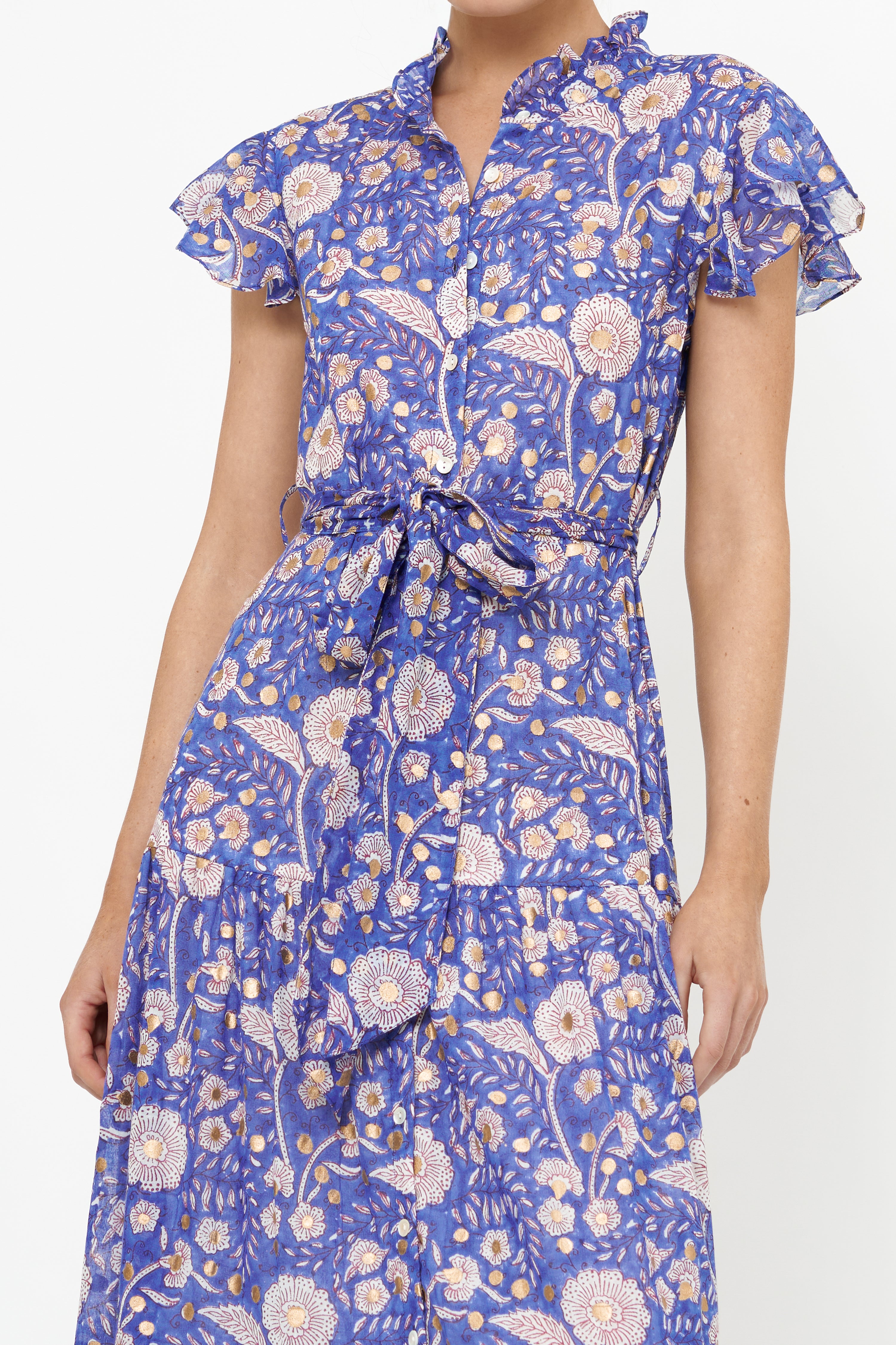 Ruffle Collar Button Maxi- Carolina Cobalt