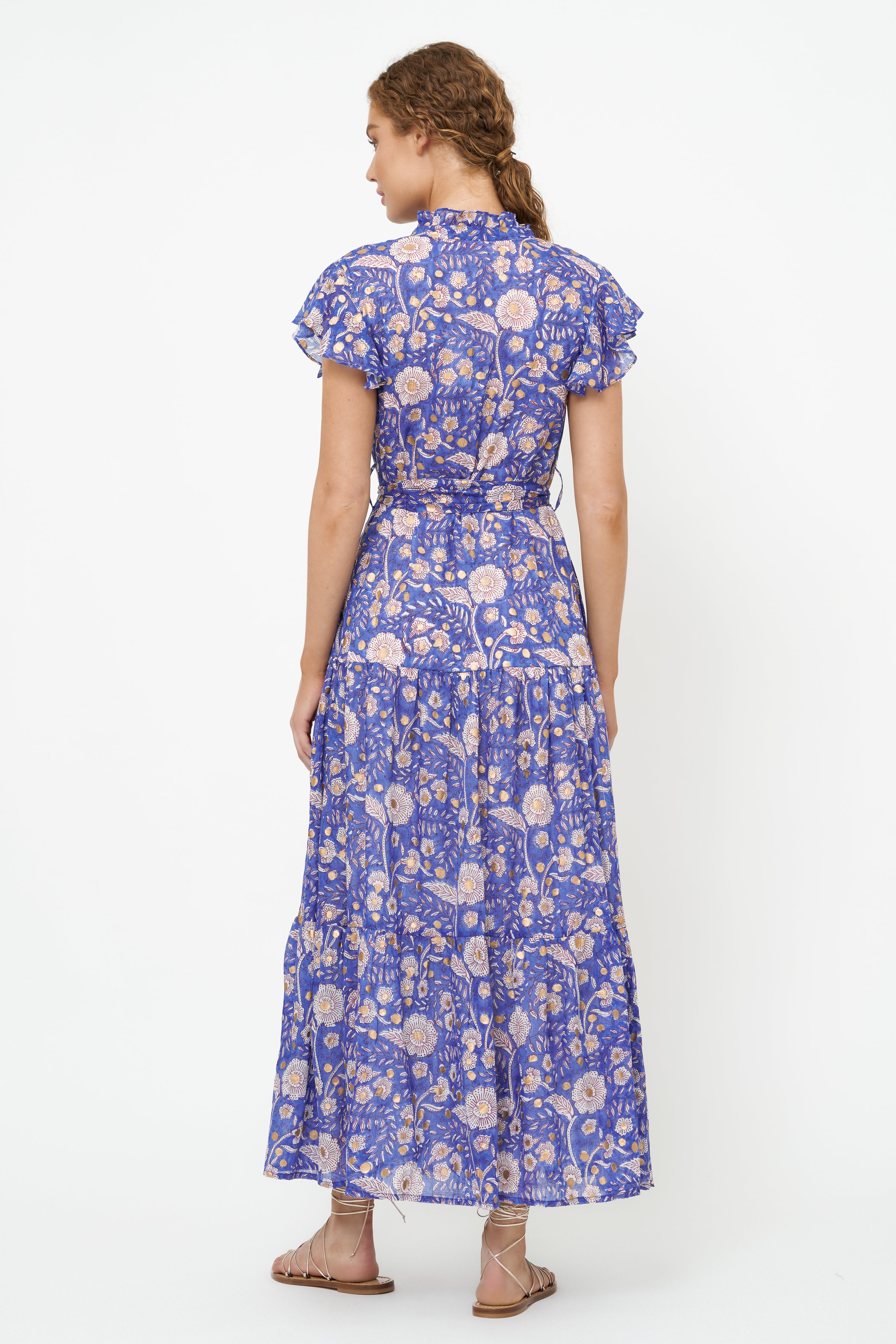 Ruffle Collar Button Maxi- Carolina Cobalt