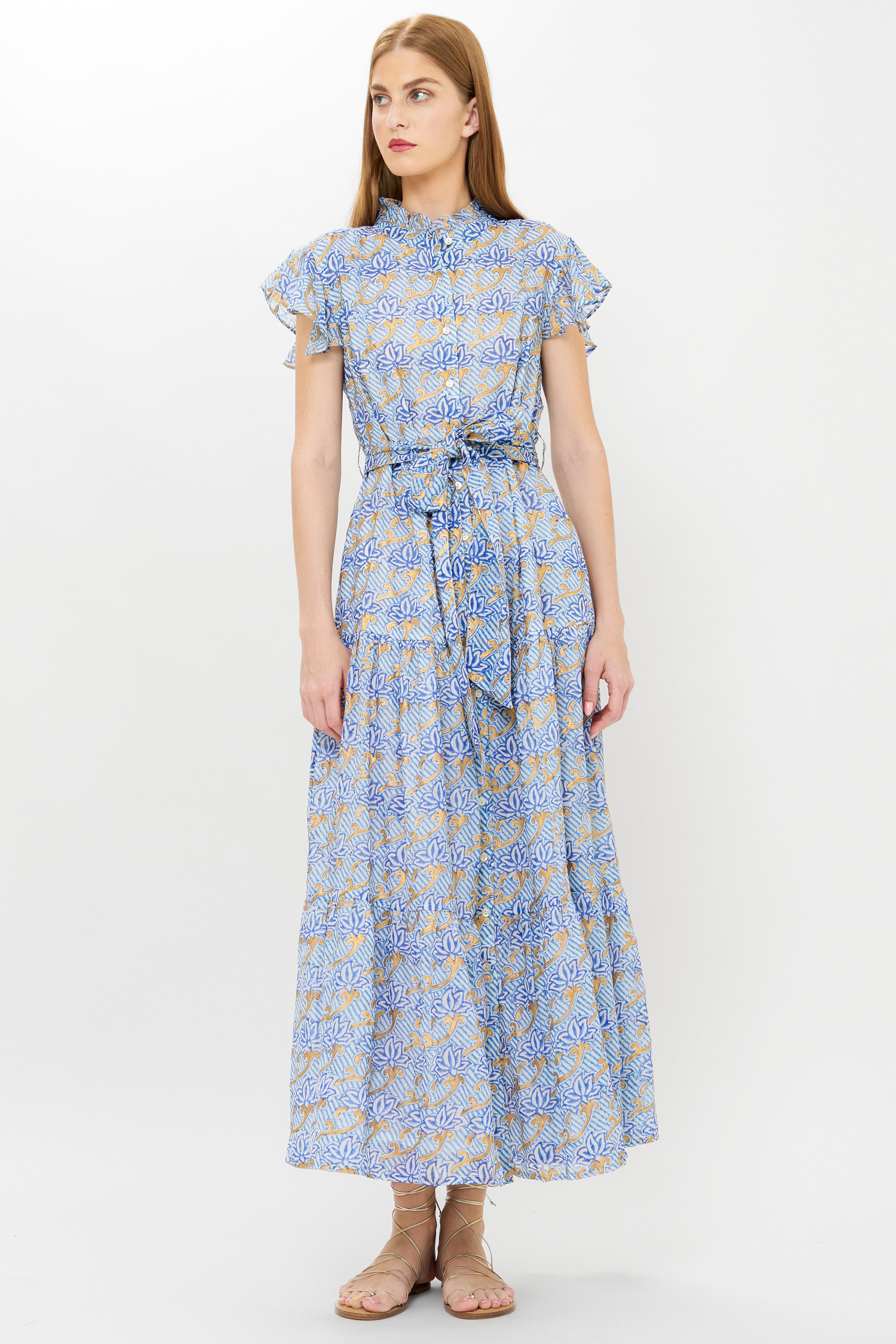 Ruffle Collar Button Maxi- Florence Blue