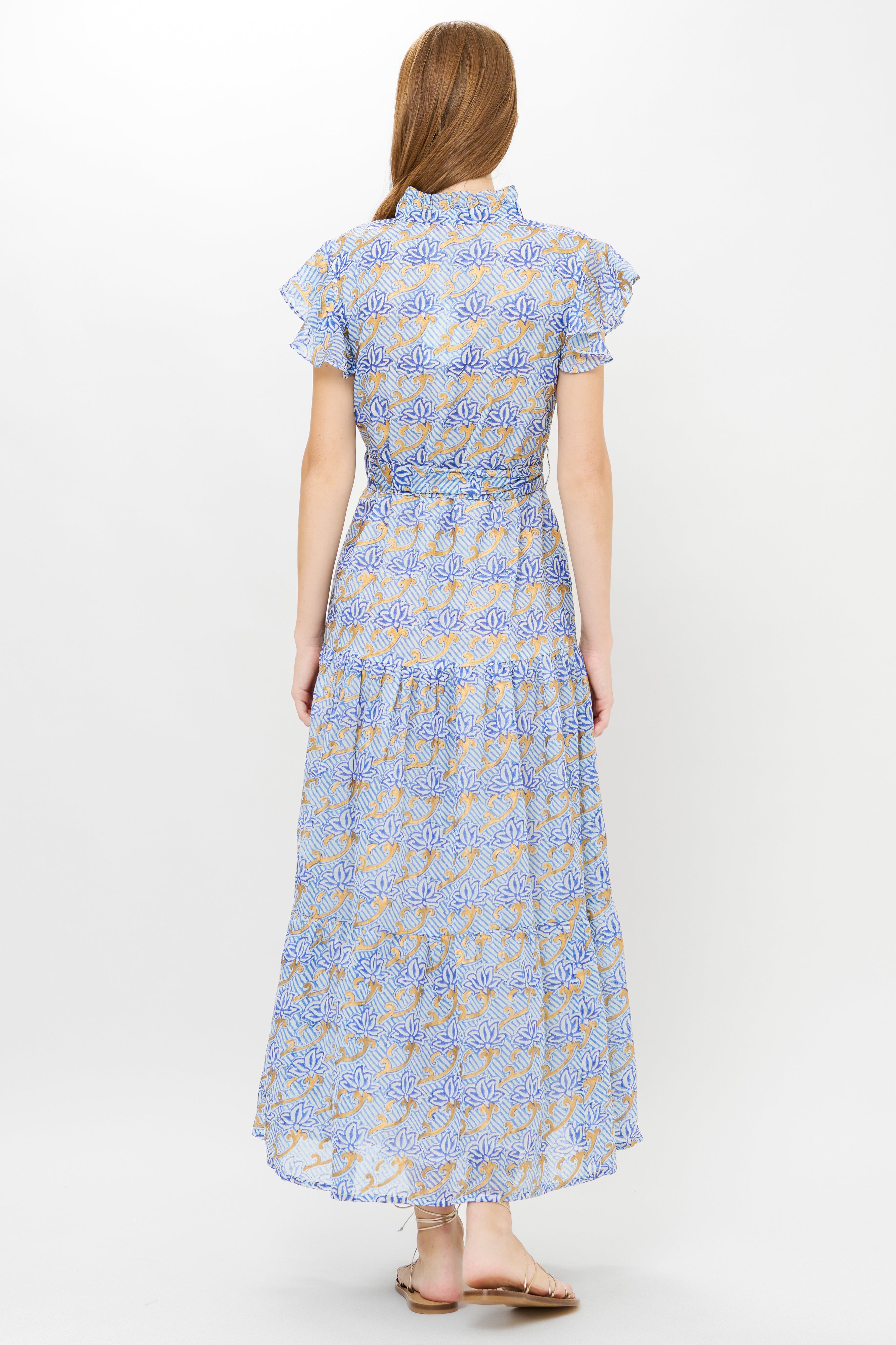Ruffle Collar Button Maxi- Florence Blue