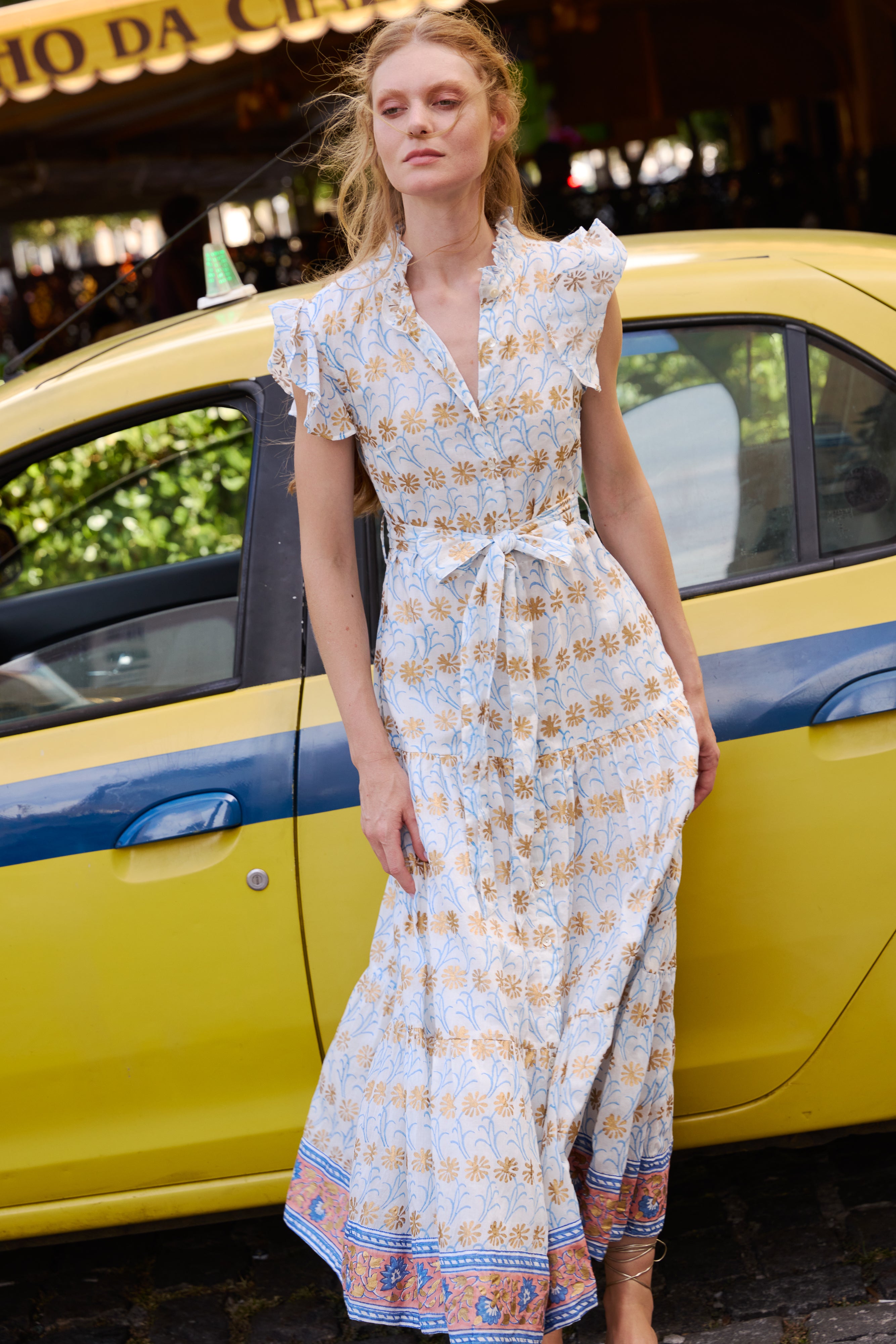 Ruffle Collar Button Maxi- Geneva Blue