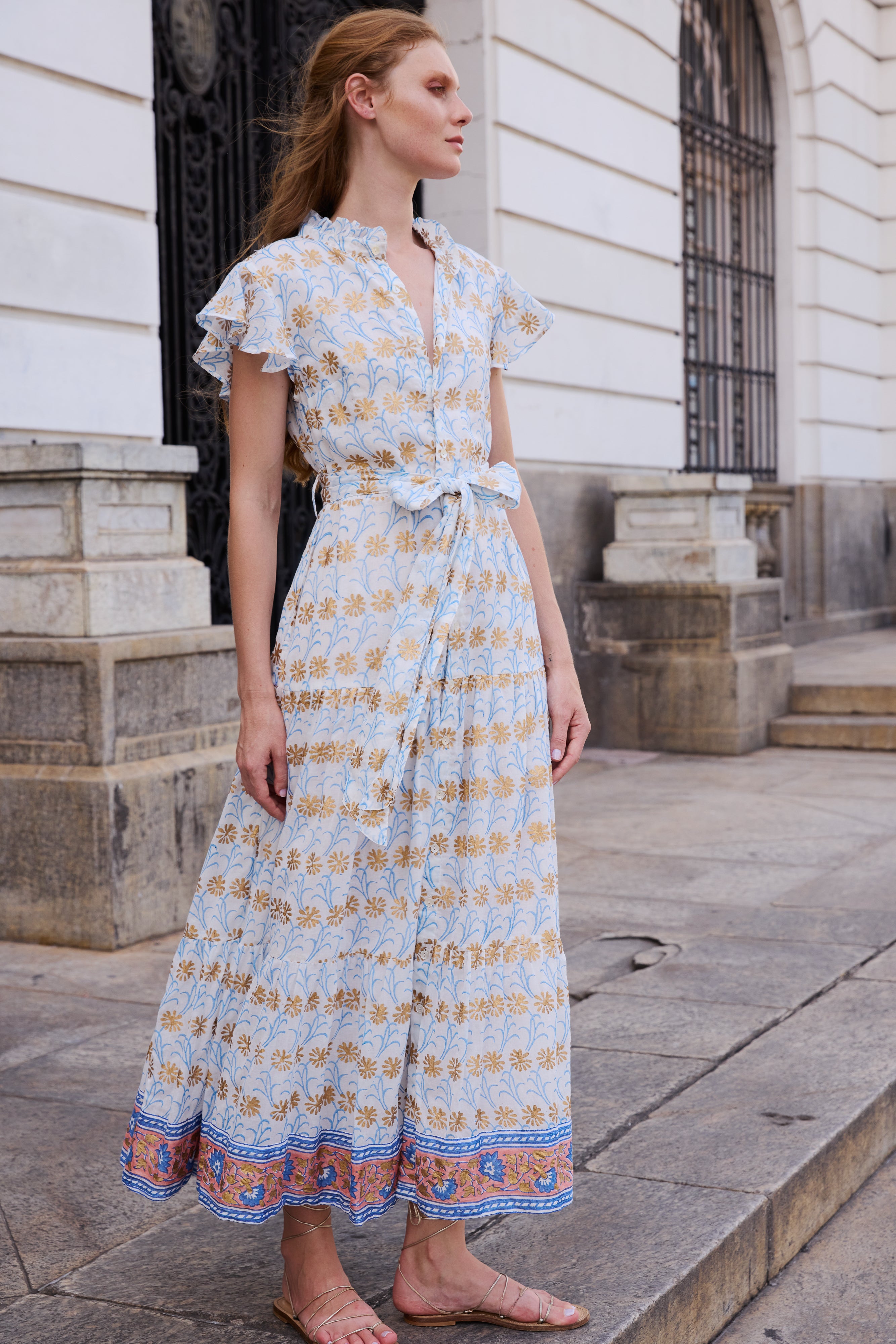 Ruffle Collar Button Maxi- Geneva Blue