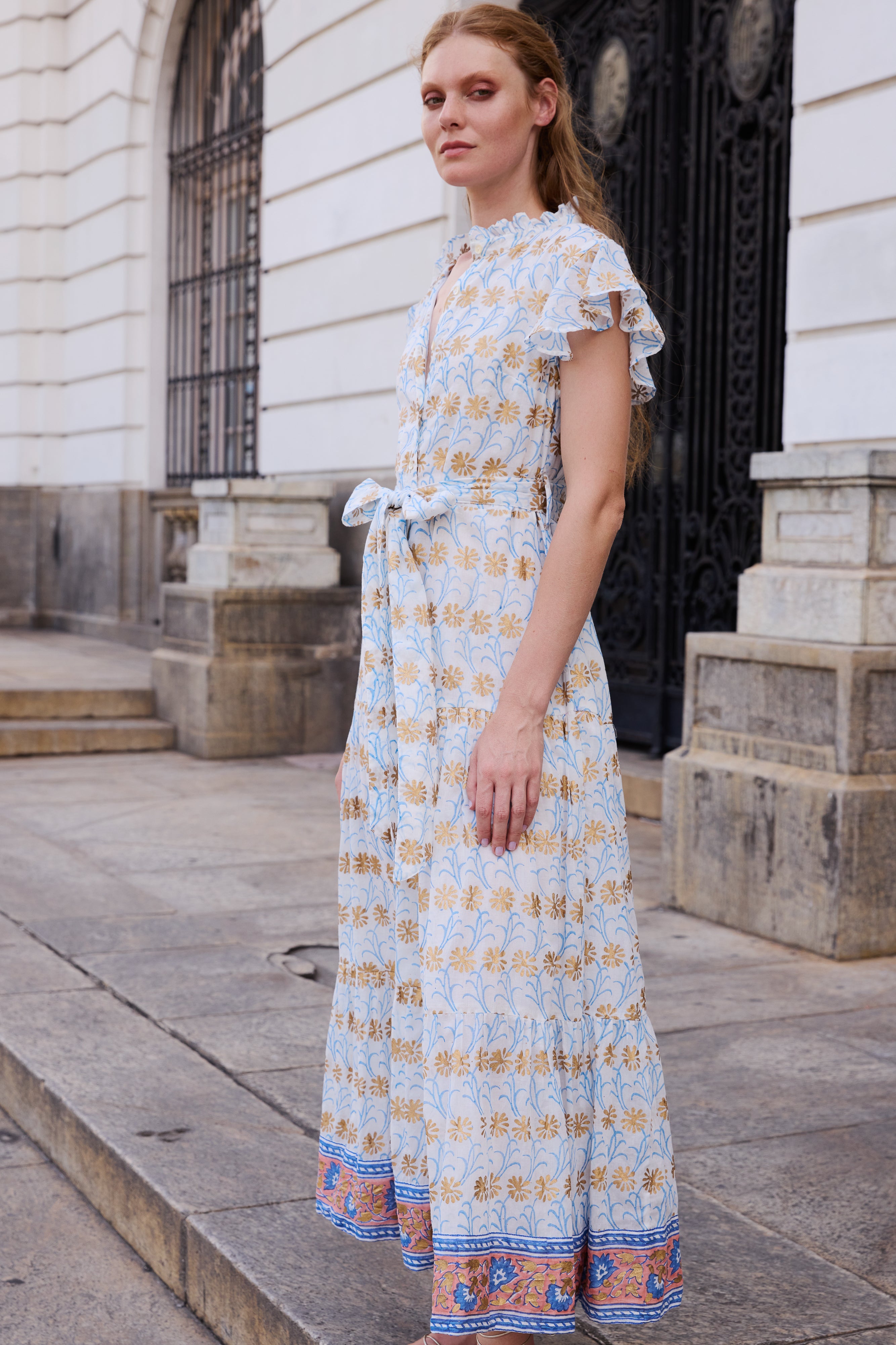 Ruffle Collar Button Maxi- Geneva Blue
