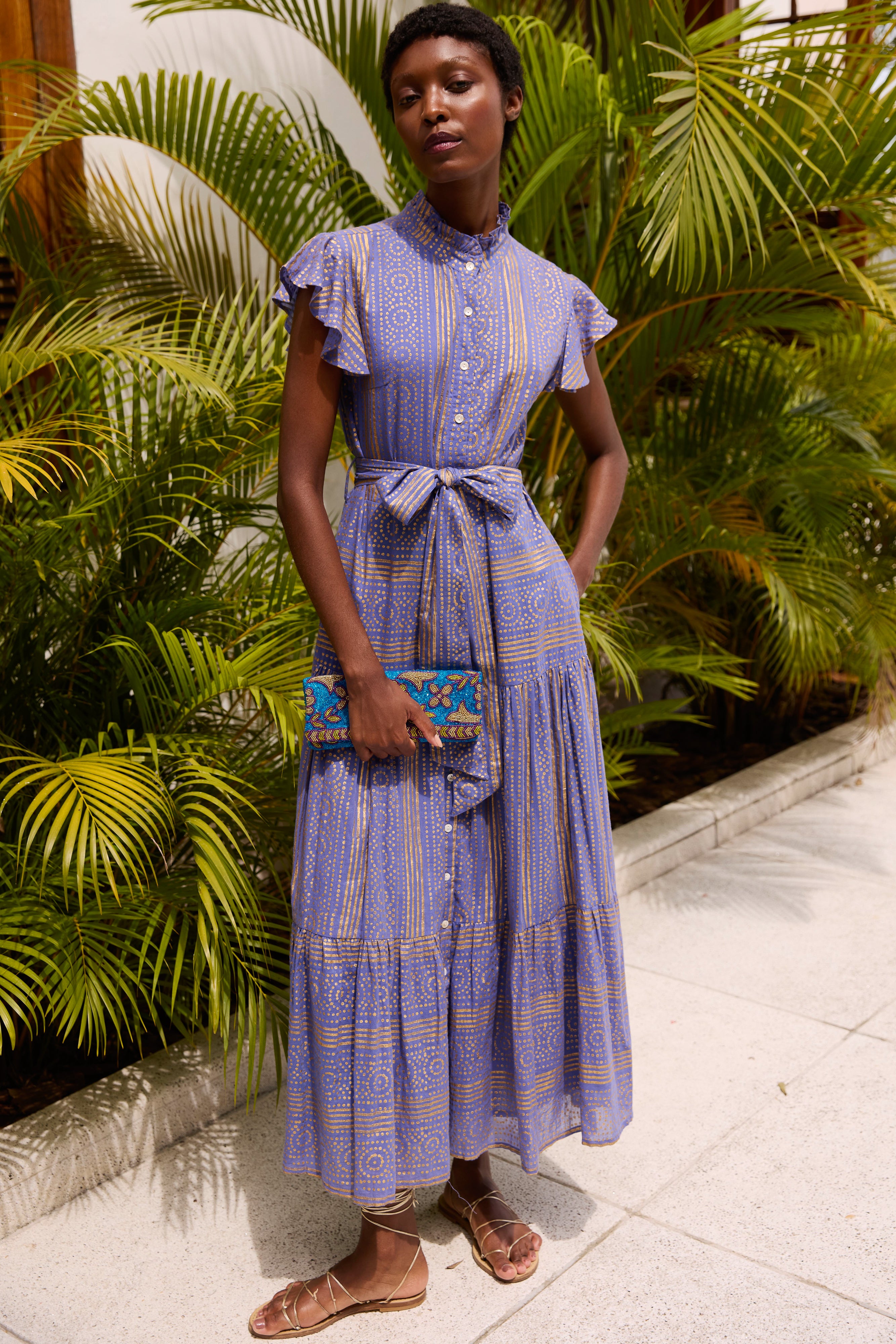 Ruffle Collar Button Maxi- Helene Blue